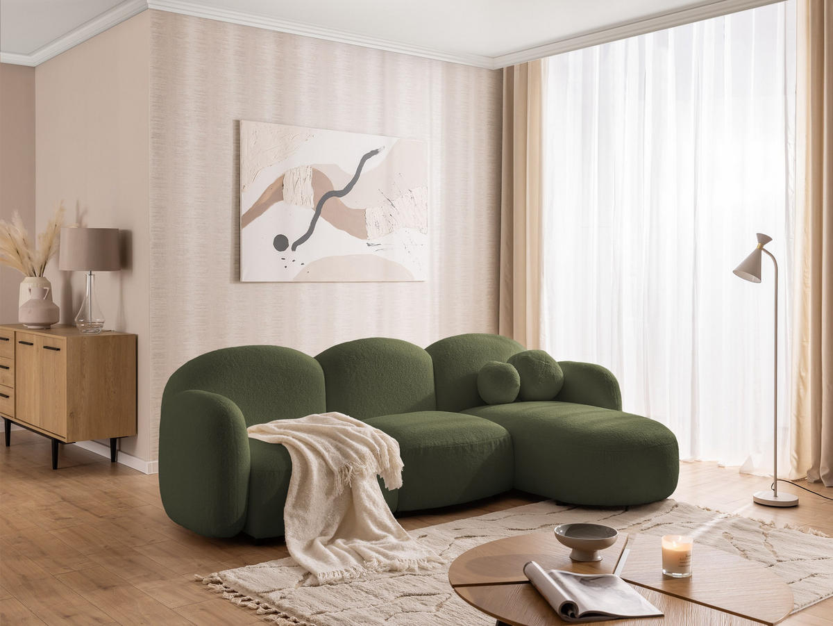 ECKSOFA Nuvola mit abgerundetem Design Grün Bouclé-Stoff - Ottomane Rechts - Schwarz/Grün, Holz/Kunststoff (268/146cm) - S-Style Möbel