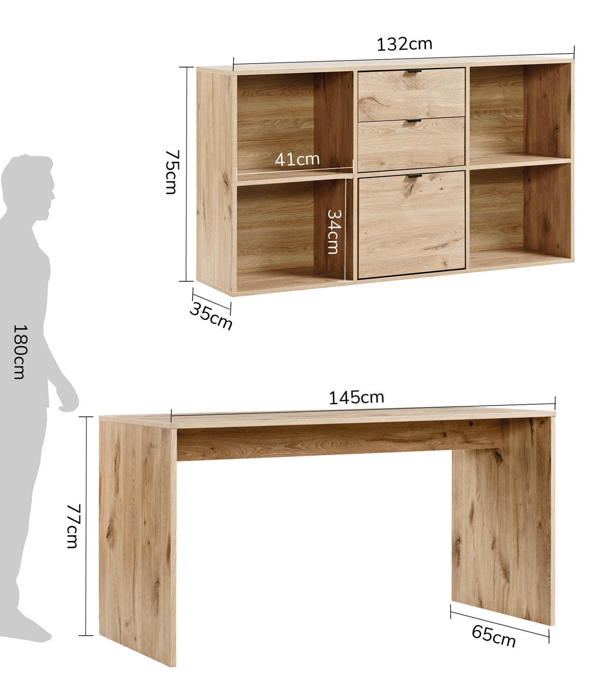 SCHREIBTISCH Der Produktive - Eichefarben, Holzwerkstoff (65/145/77cm) - Mokebo