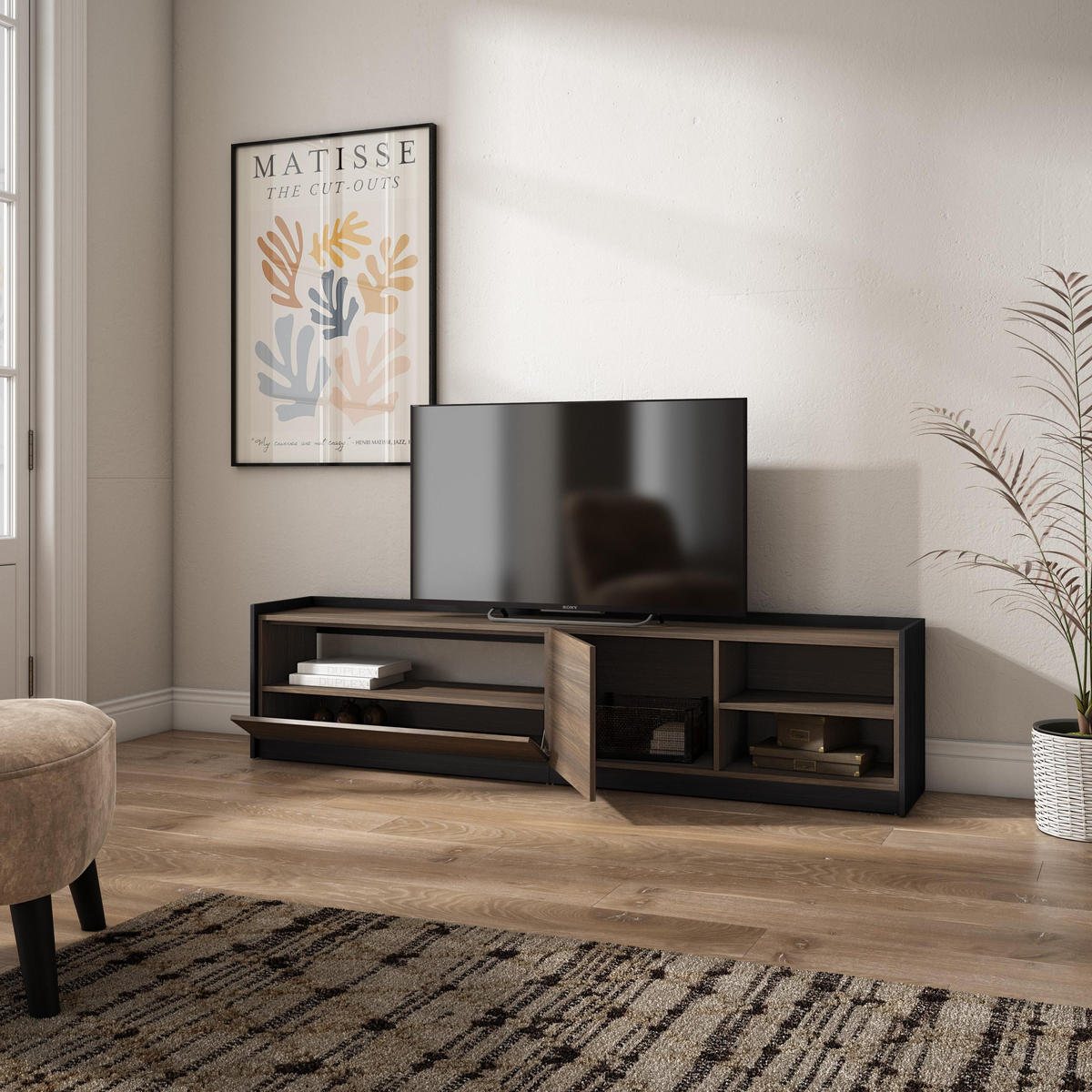 TV-SCHRANK, Lowboard, Dunkler Eiche und Schwarz, 207/37/50cm - Dunkelbraun, Holzwerkstoff (207/50/37cm) - Skraut Home