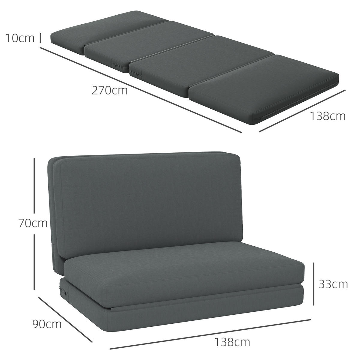 BODENSOFA 3-in-1 Klappbar Schlafsofa mit Samtoptik für Schlafzimmer, Wohnzimmer - Dunkelgrau, Textil (138/10/270cm) - HOMCOM