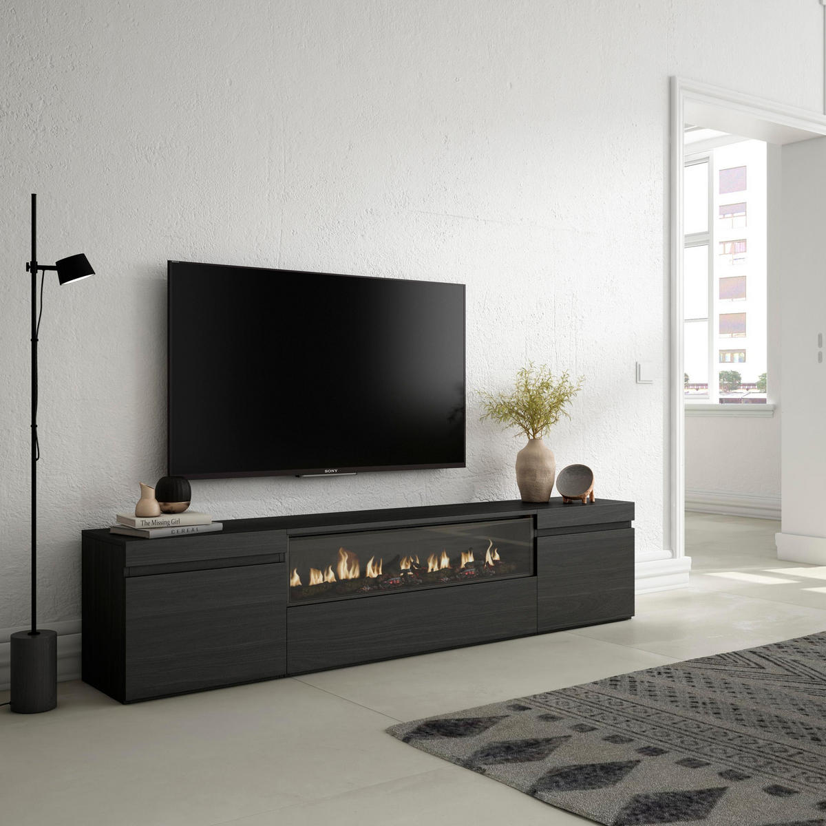 LOWBOARD Elektrokamin, schwarz, 200/35/45cm - Anthrazit, Holzwerkstoff (200/45/35cm) - Skraut Home