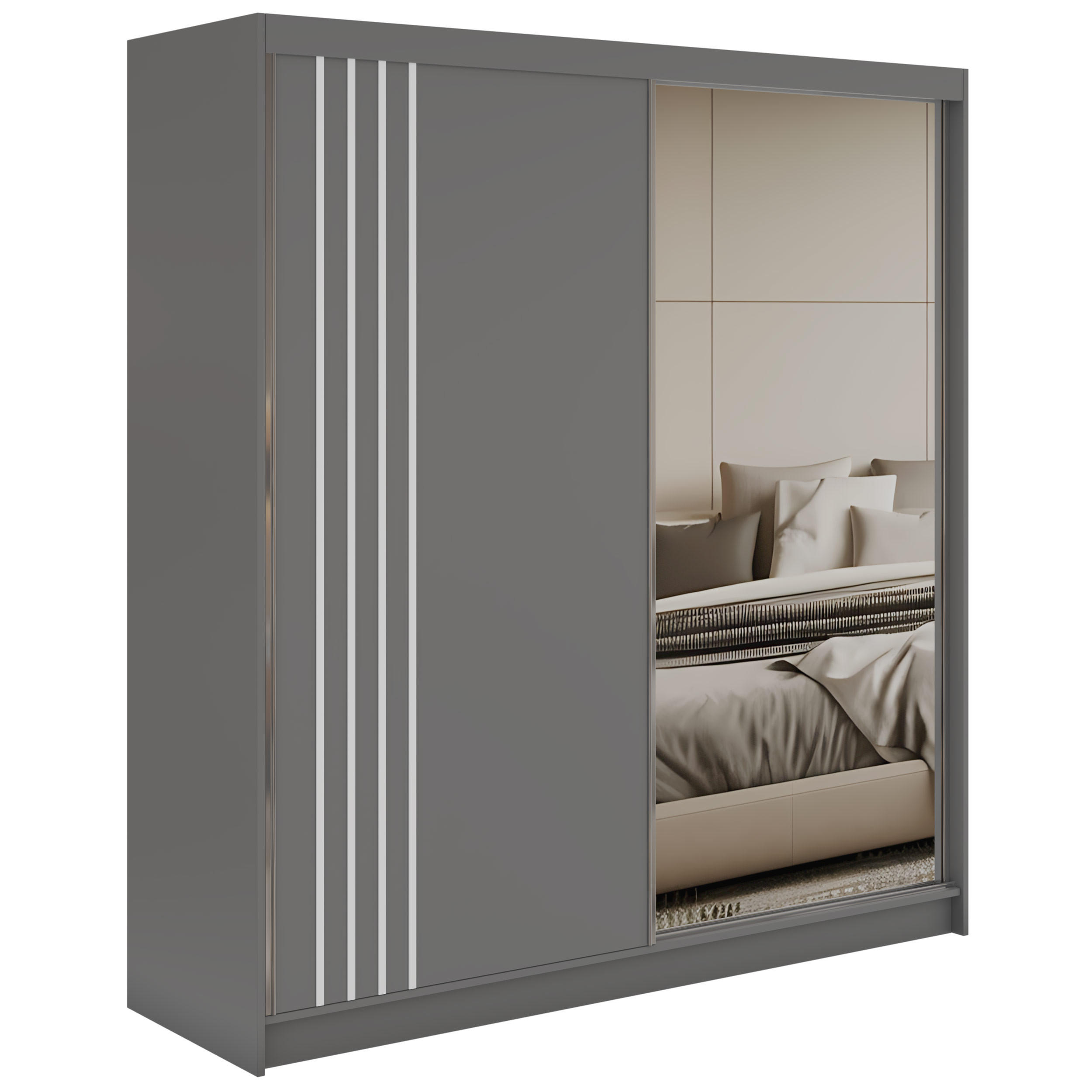 SCHWEBETÜRENSCHRANK mit Lamellen und Spiegel DIANA - 200 - Grau und Weiß - Alufarben/Weiß, Holzwerkstoff/Metall (200/216/61cm) - MKS