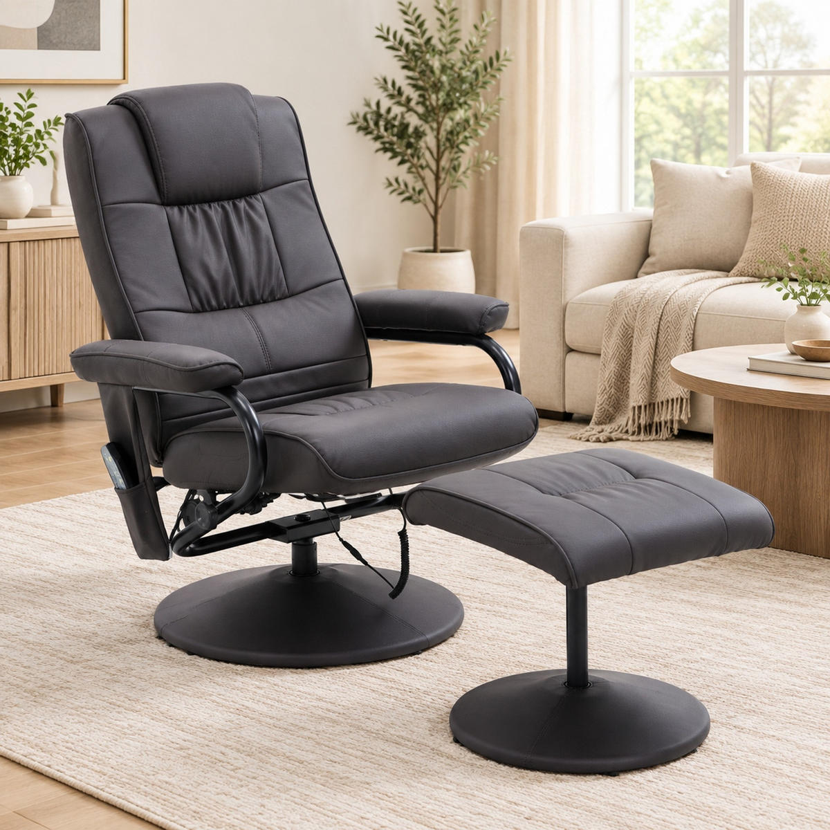 MASSAGESESSEL in Braun 84x77x95 cm mit Hocker, 10 Massagepunkten und verstellbarer Rückenlehne - Braun, Metall (77/95/84cm) - IVMEU
