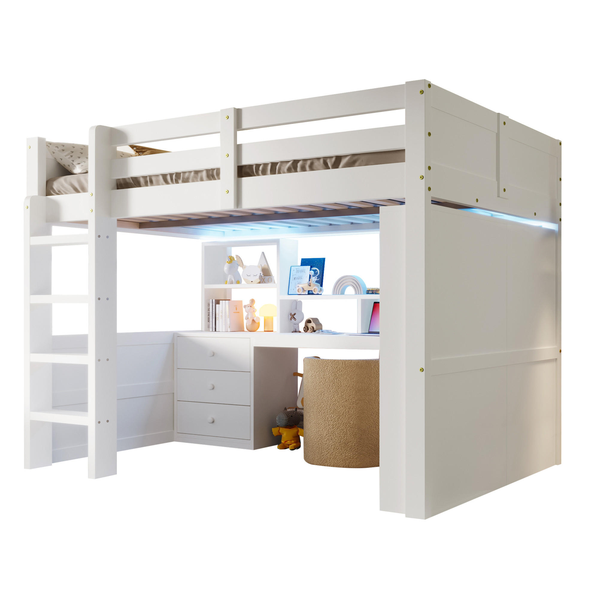 HOCHBETT 140/200 cm aus Kiefernholz mit LED-Beleuchtung, Schreibtisch und Kleiderschrank, Weiß - Weiß, Holzwerkstoff (140/200cm) - Redom