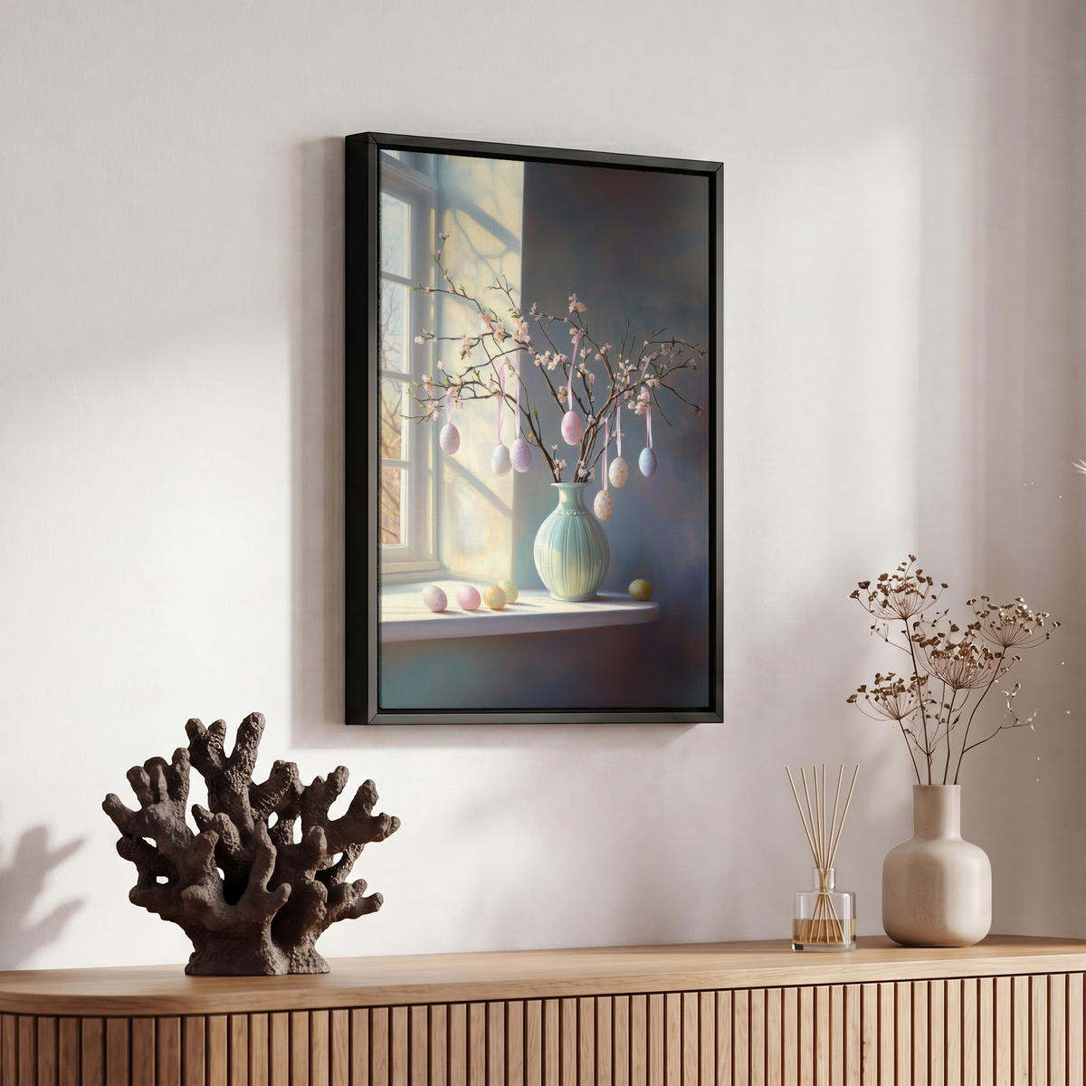 LEINWAND Bilder mit Rahmen - Stillleben - Vase - Osterzweig - 20x30 - Hellblau, Textil (20/30cm) - MuchoWow