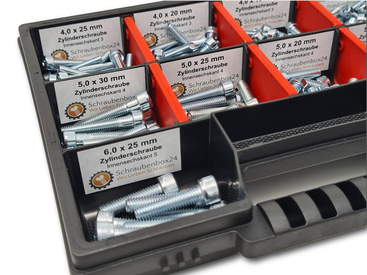 ZYLINDERSCHRAUBEN Sortiment M4-M5-M6 // 12mm-30mm 210 tlg. Schraubenbox DIN 912 / ISO 4762 - Zinkfarben, Metall (3.5cm) - Schraubenbox24