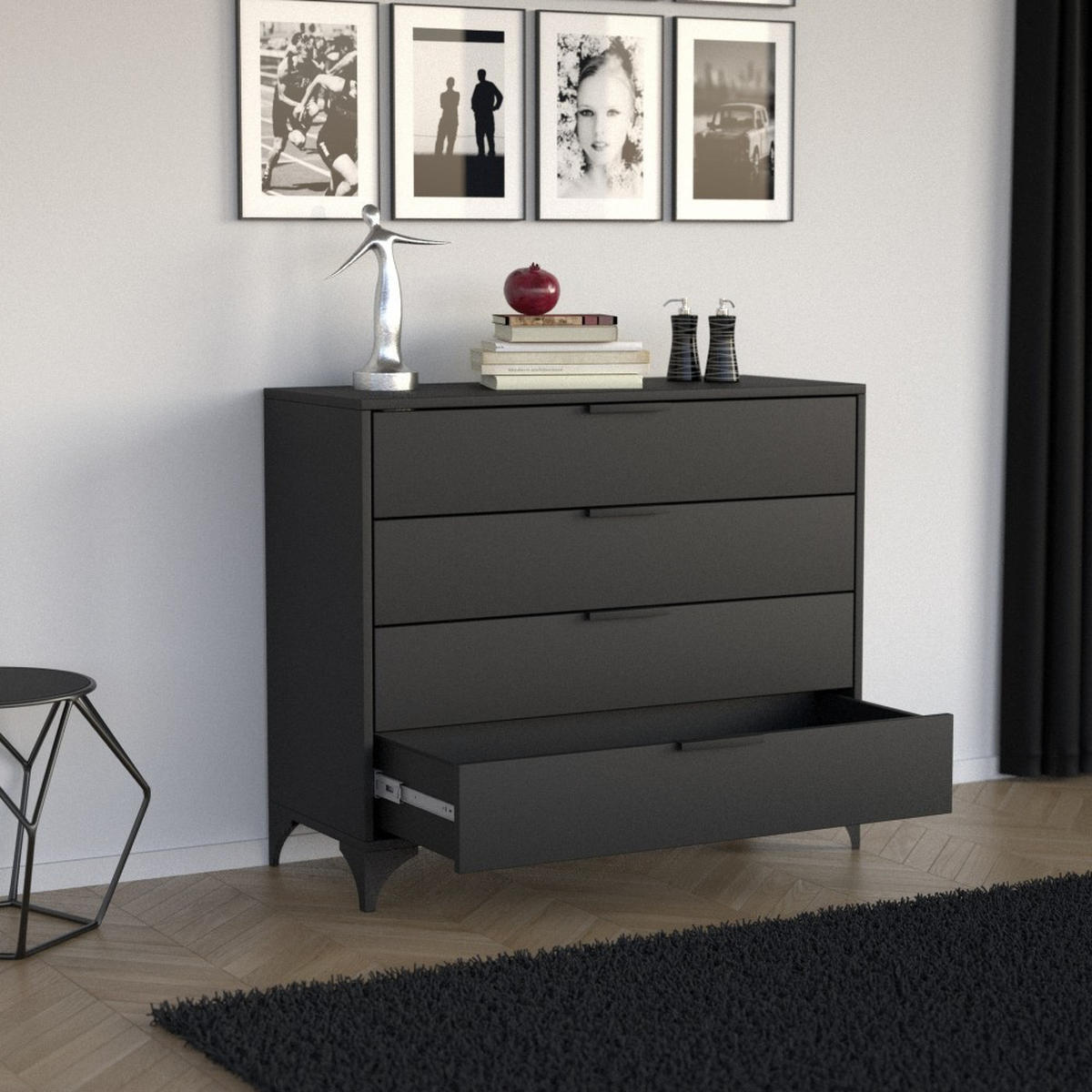KOMMODE Home mit 4 Schubladen, 100 cm, mit Griffen, Schwarz - Schwarz, Holzwerkstoff (80/85/40cm) - Beautysofa