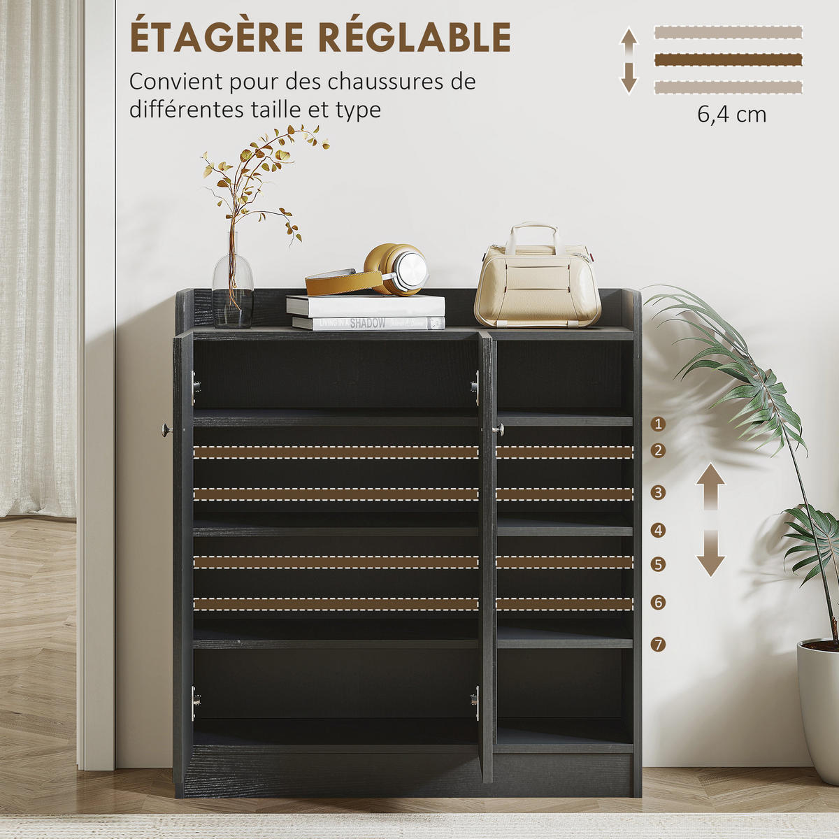 SCHUHSCHRANK DE-14973 4 offene Fächer & Doppelschrank mit 4 Einlegeböden Schwarz - Schwarz, Holzwerkstoff (83/90/30cm) - ComfortXL
