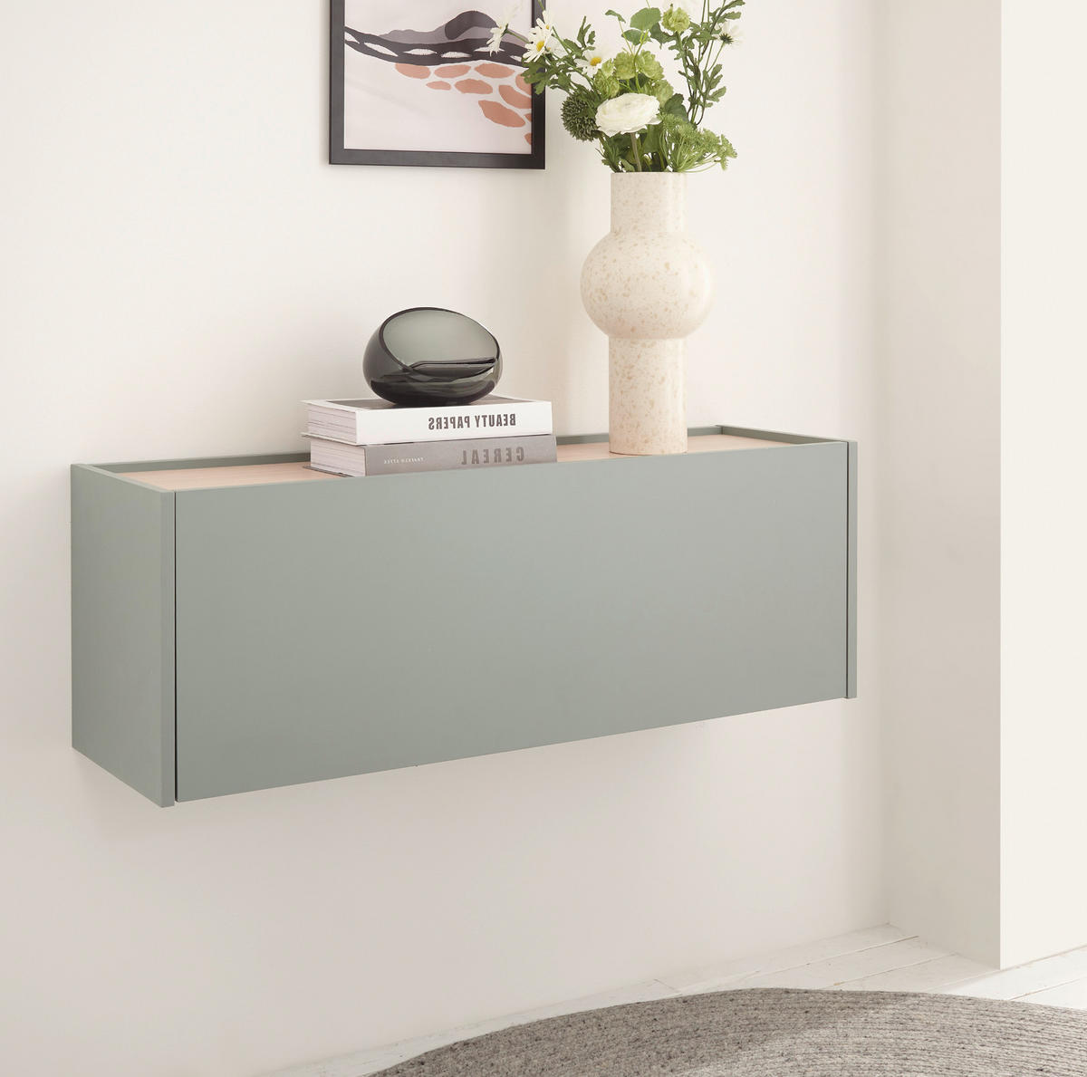 HÄNGESCHUHSCHRANK in Salbei Grün mit Eiche, Flurkommode Hängeschrank, 100 cm - Salbeigrün/Eichefarben, Holz/Holzwerkstoff (100/35/30cm) - Furn.Design