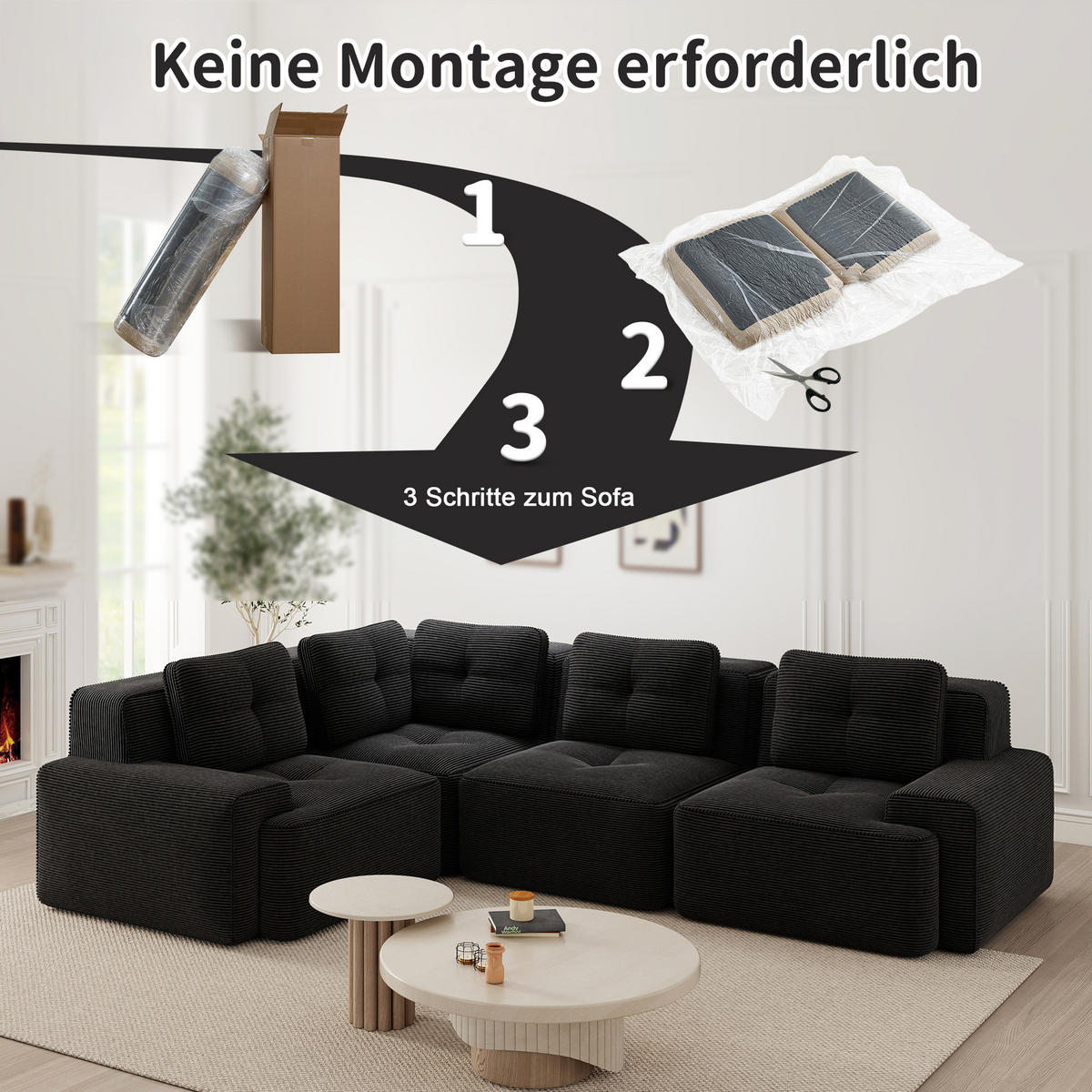 ECKSOFA Cord Schwarz mit Kissen - Schwarz, Textil (382/177cm) - WISHDOR