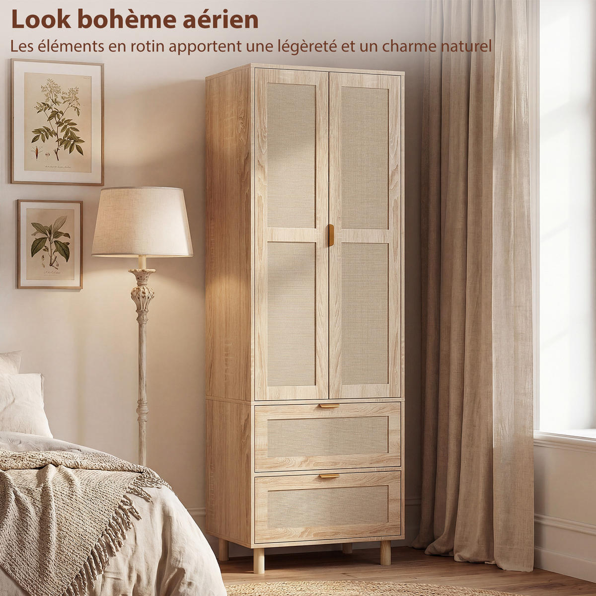 KLEIDERSCHRANK DE-17216 2 Rotting-Türen & 2 Schubladen Natur - Naturfarben, Holzwerkstoff (47/185/63cm) - ComfortXL