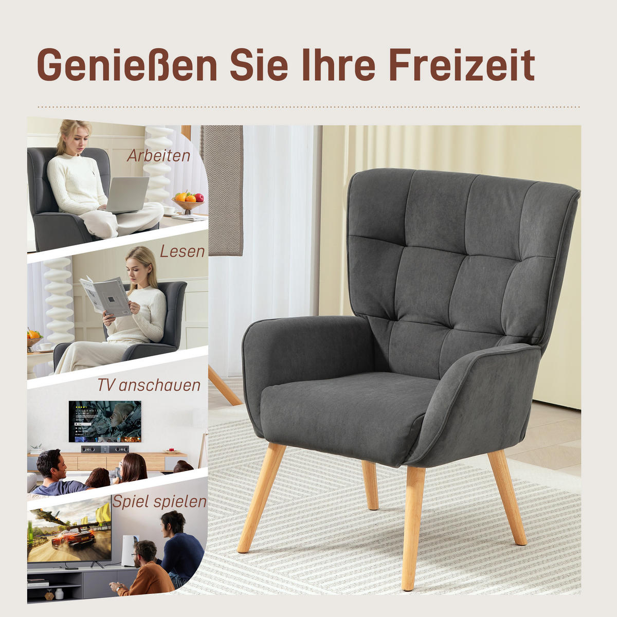 SESSEL Wohnzimmer Loungesessel Relaxsessel mit Holzbeine, Samtoptik Grau - Grau, Textil (66/100/75cm) - HOMCOM