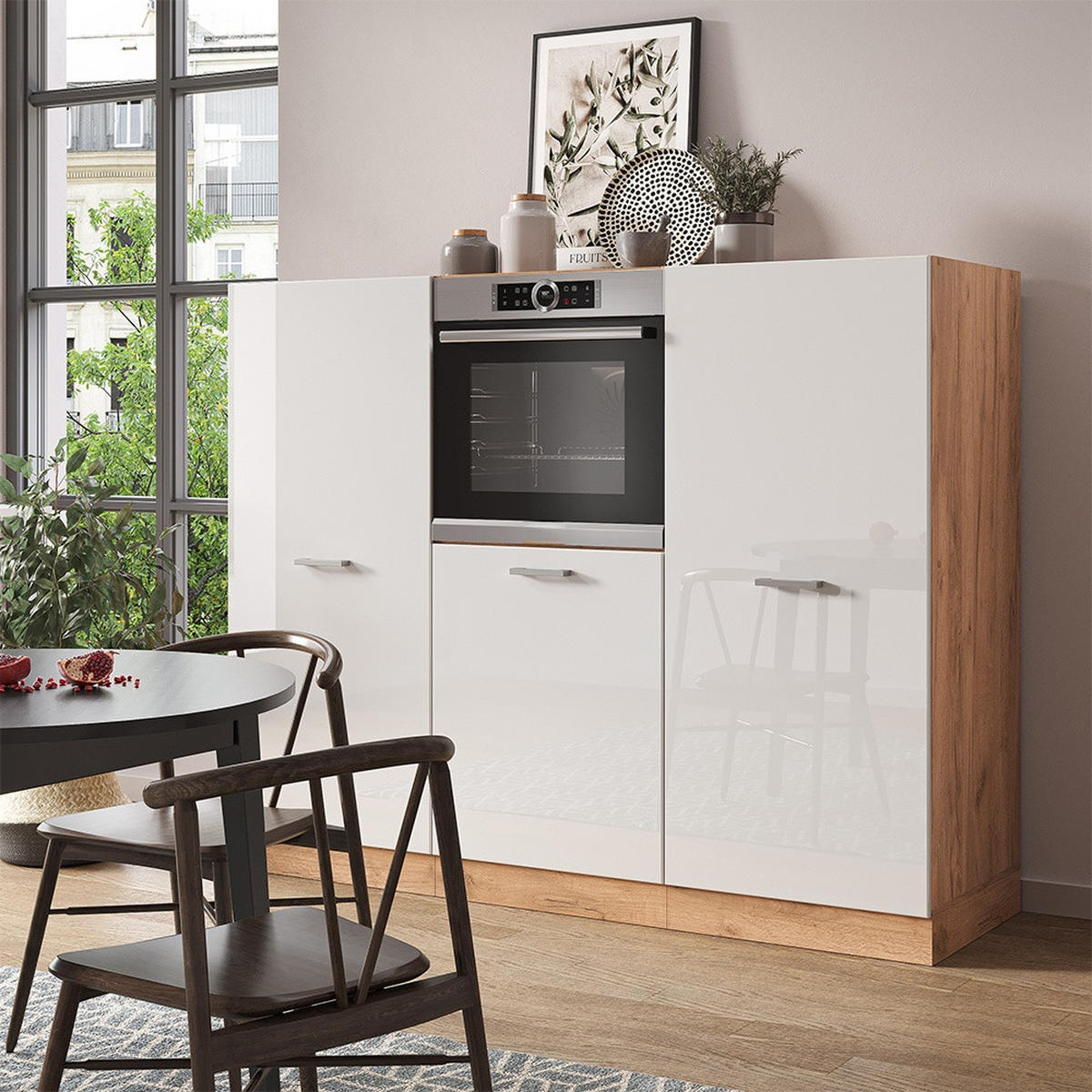 KÖKSBLOCK R-Line Vit högblank/Goldkraft ek 180 cm utan bänkskiva - Honungsek/Vit högglans, Träbaserade material (180/143/46cm) - Vicco