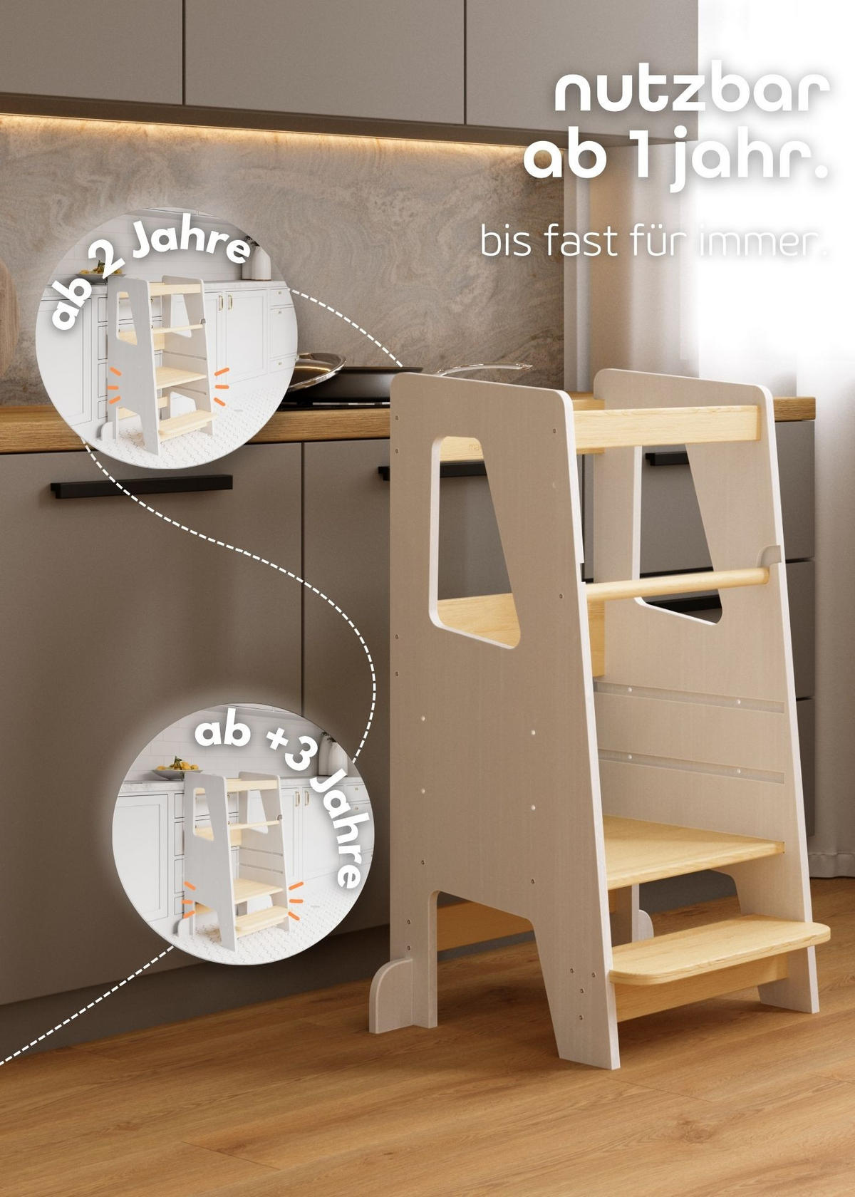 LERNTURM Steppy Höhenverstellbar Montessori Kippschutz weiß/natur - Weiß/Naturfarben, Holzwerkstoff (44/90/44cm) - Sämann – make a difference.