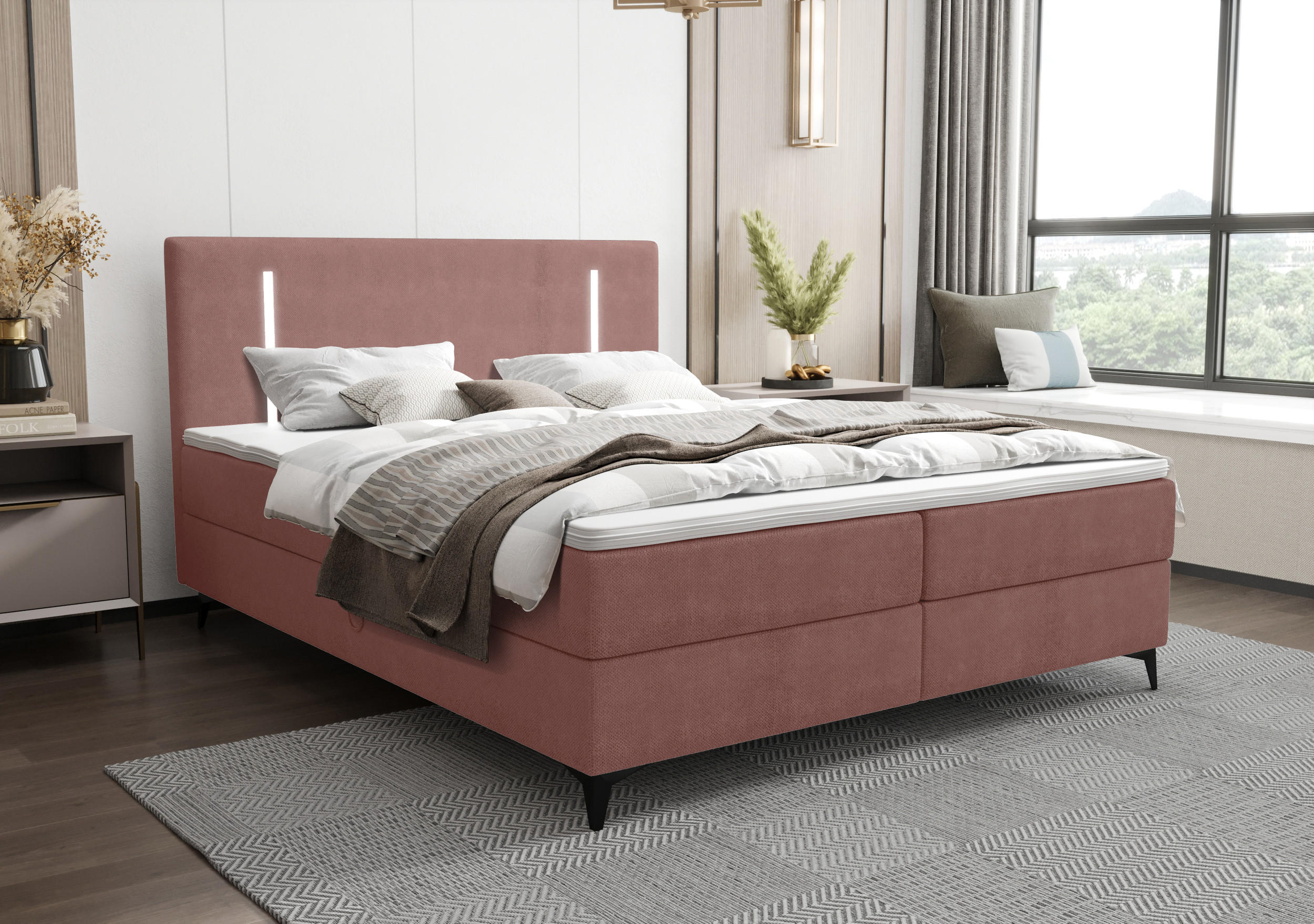 BOXBETT ONO mit Matratze H3, Bonell und Topper 180x200 CURIO 63 - Pink, Textil (180/200cm) - Bedante