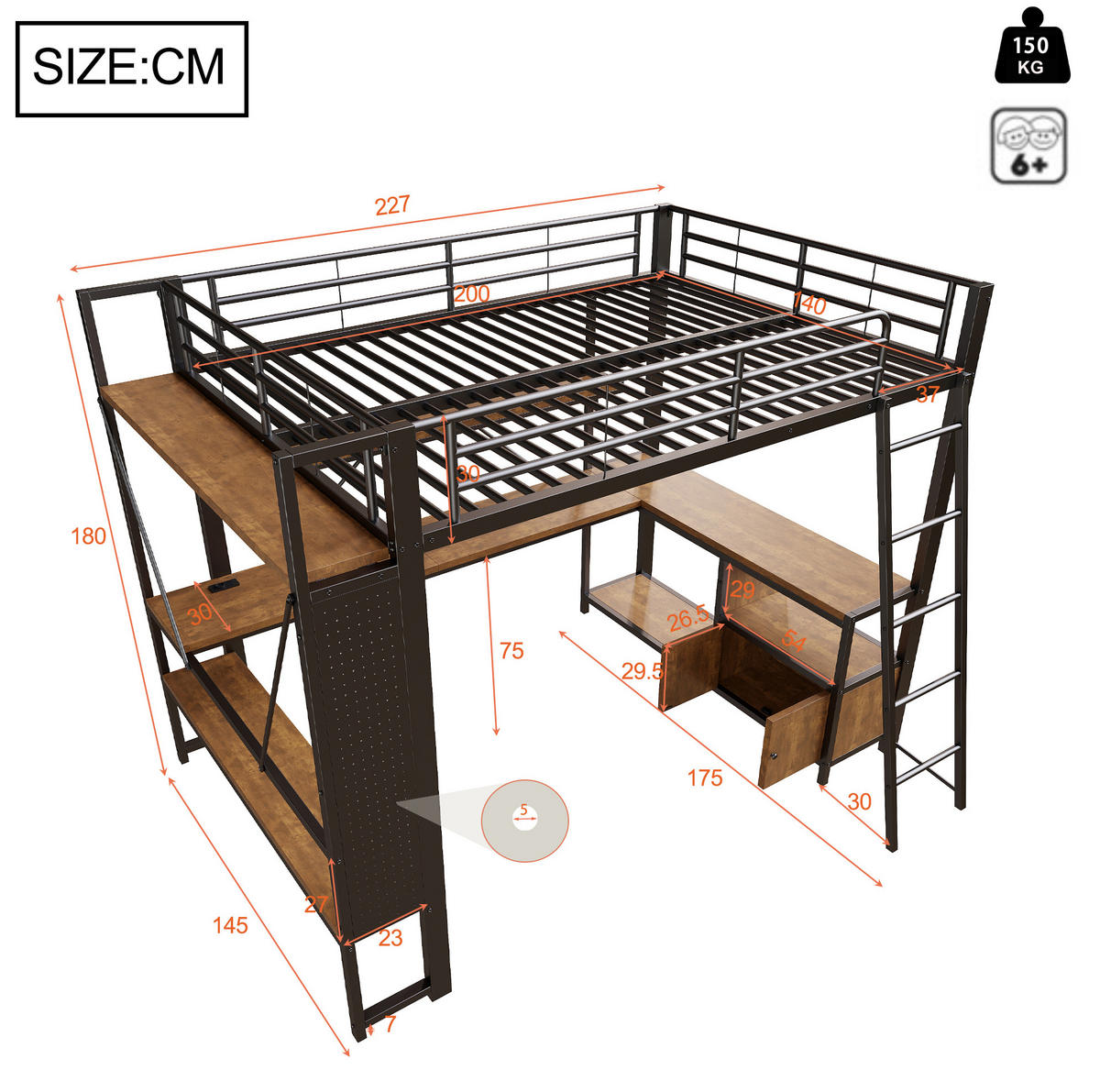 HOCHBETT 140/200 cm Schwarz aus Metall und MDF mit Schreibtisch - Schwarz, Metall (140/200cm) - OKMYHOME