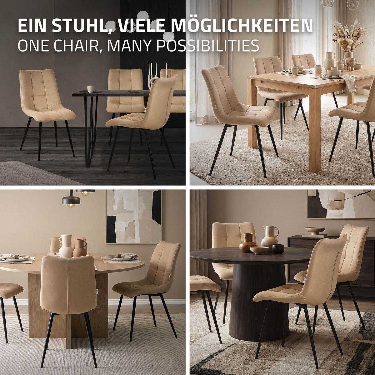 ESSZIMMERSTÜHLE 6ER-SET Hellbraun Stoffbezug - Hellbraun/Schwarz, Textil/Metall (49/89/60.5cm) - ML-DESIGN