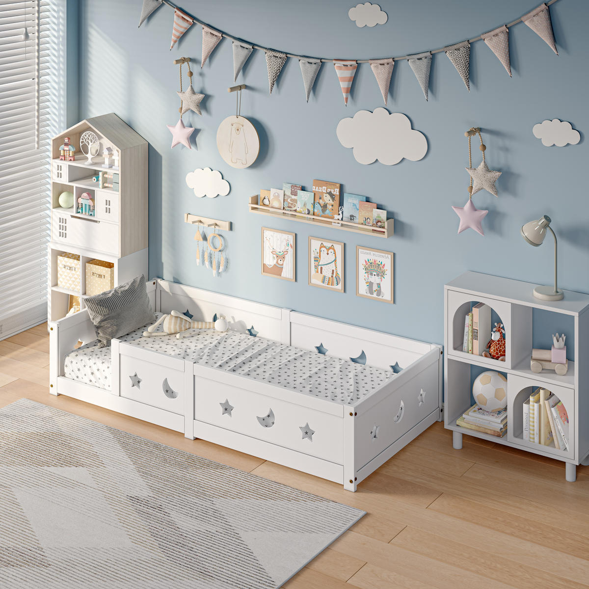 KINDERBETT 90x200 cm, mit Sicherheitsgeländer, Stern & Mond Design, Massivholz in Weiß - Weiß, Holz (90/200cm) - BRILVERDE