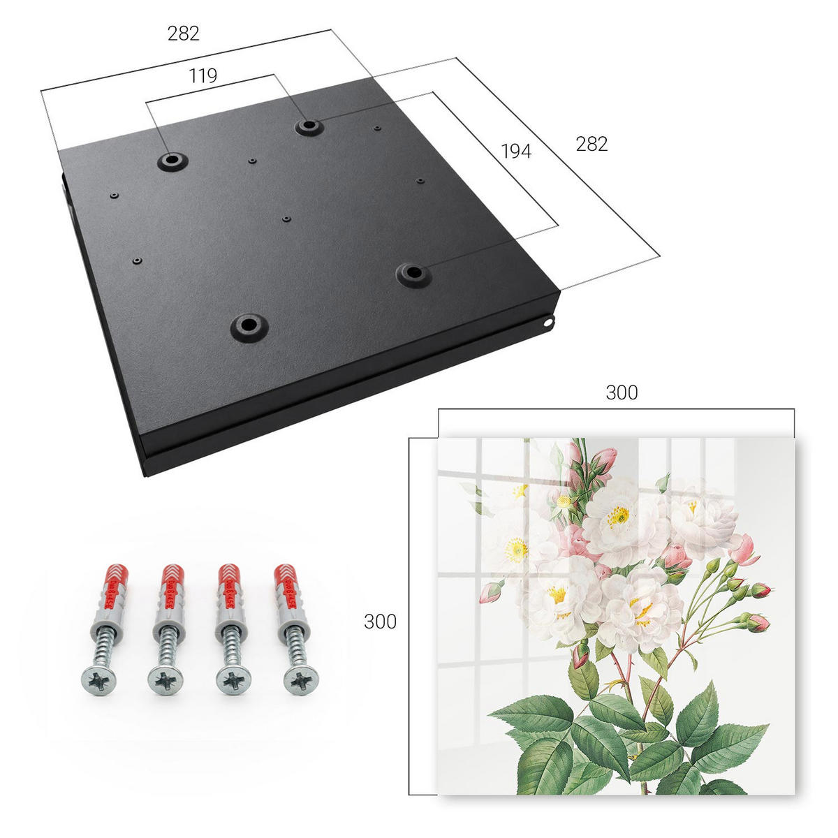 SCHLÜSSELBOX Schwarz 30x30 cm- Türöffnung nach rechts - Blumenzauber - Weiß, Metall (30/30/5cm) - TULUP