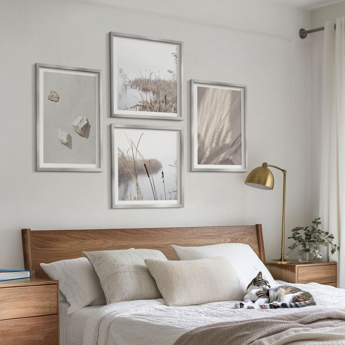 WANDBILDER 4er Set - 50x50 cm & 40x60 cm Silberner Rahmen - Nahaufnahmen der Struktur im Boho-Stil - Silberfarben, Kunststoff (50/50cm) - ArtPrintCave