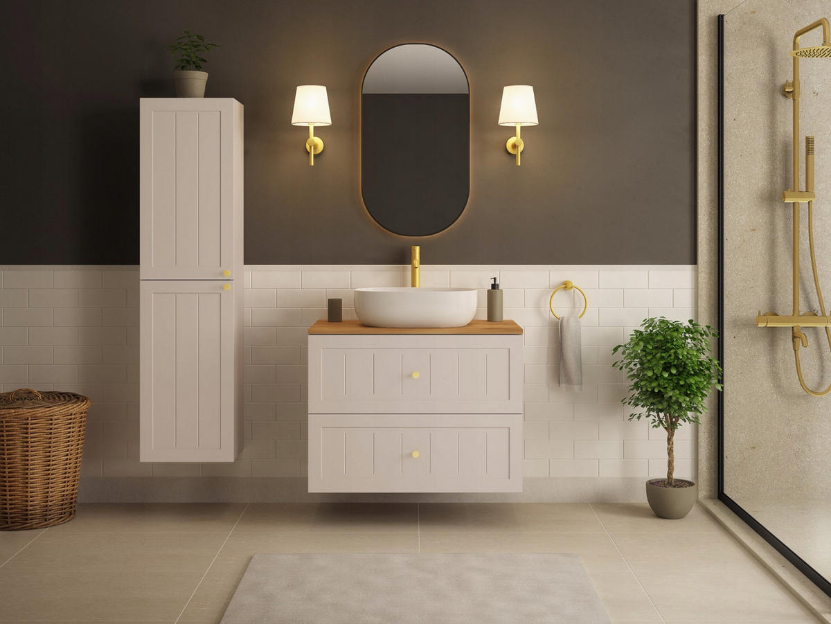 WASCHBECKUNTERSCHRANK GUSTO 160cm mit Arbeitsplatte Farbe: Eiche Craft Kaschmir - Kaschmir/Eichefarben, Holzwerkstoff (160/58/46cm) - Rodan