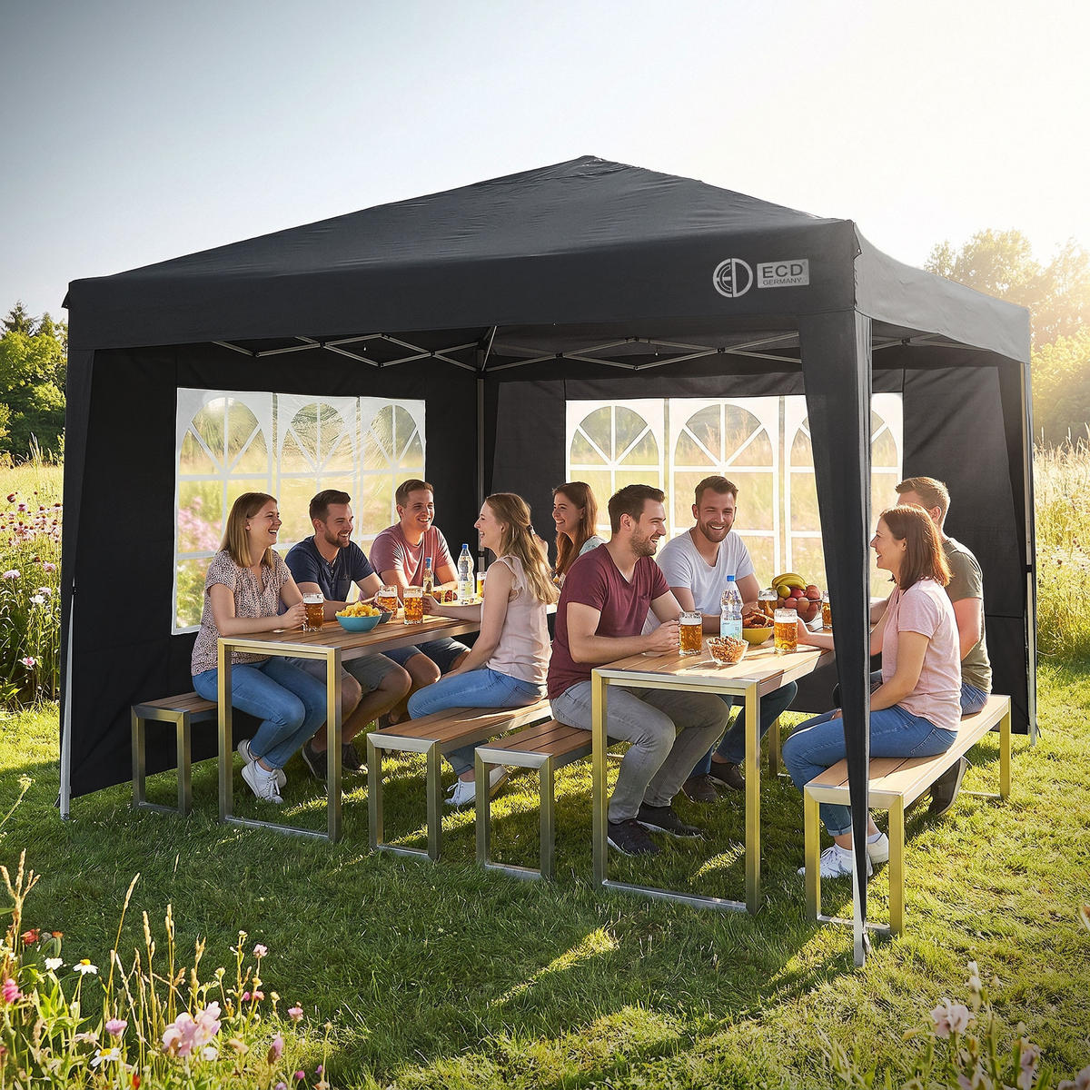 POP UP PAVILON 3x3 m, černý, skládací pavilon, vodotěsný, stabilní, se 4 bočními stěnami - černá, textil (300/260/300cm) - ECD-Germany