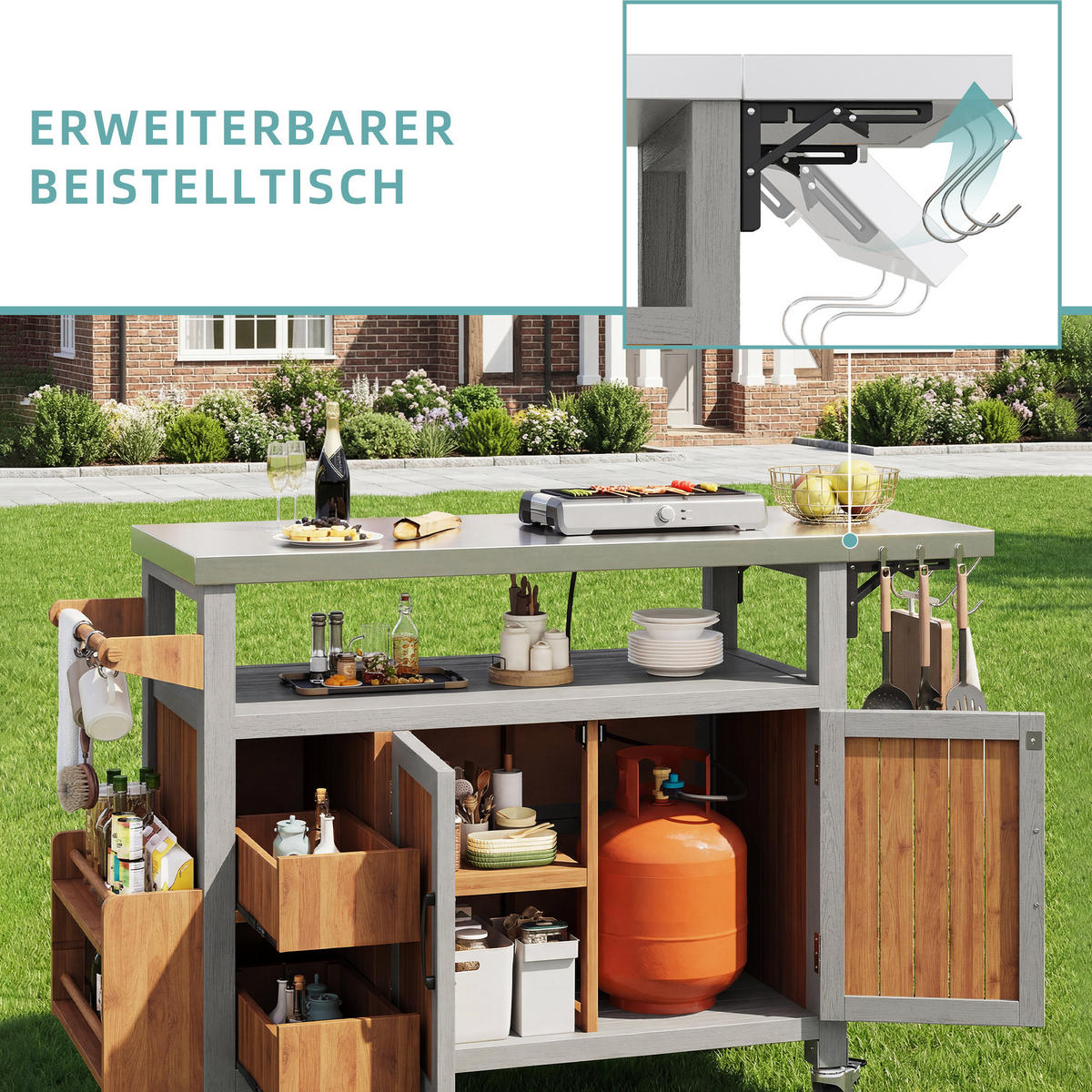 SERVIERWAGEN Massivholz/Edelstahl - Naturfarben, Metall (47/92/138cm) - ComfortXL