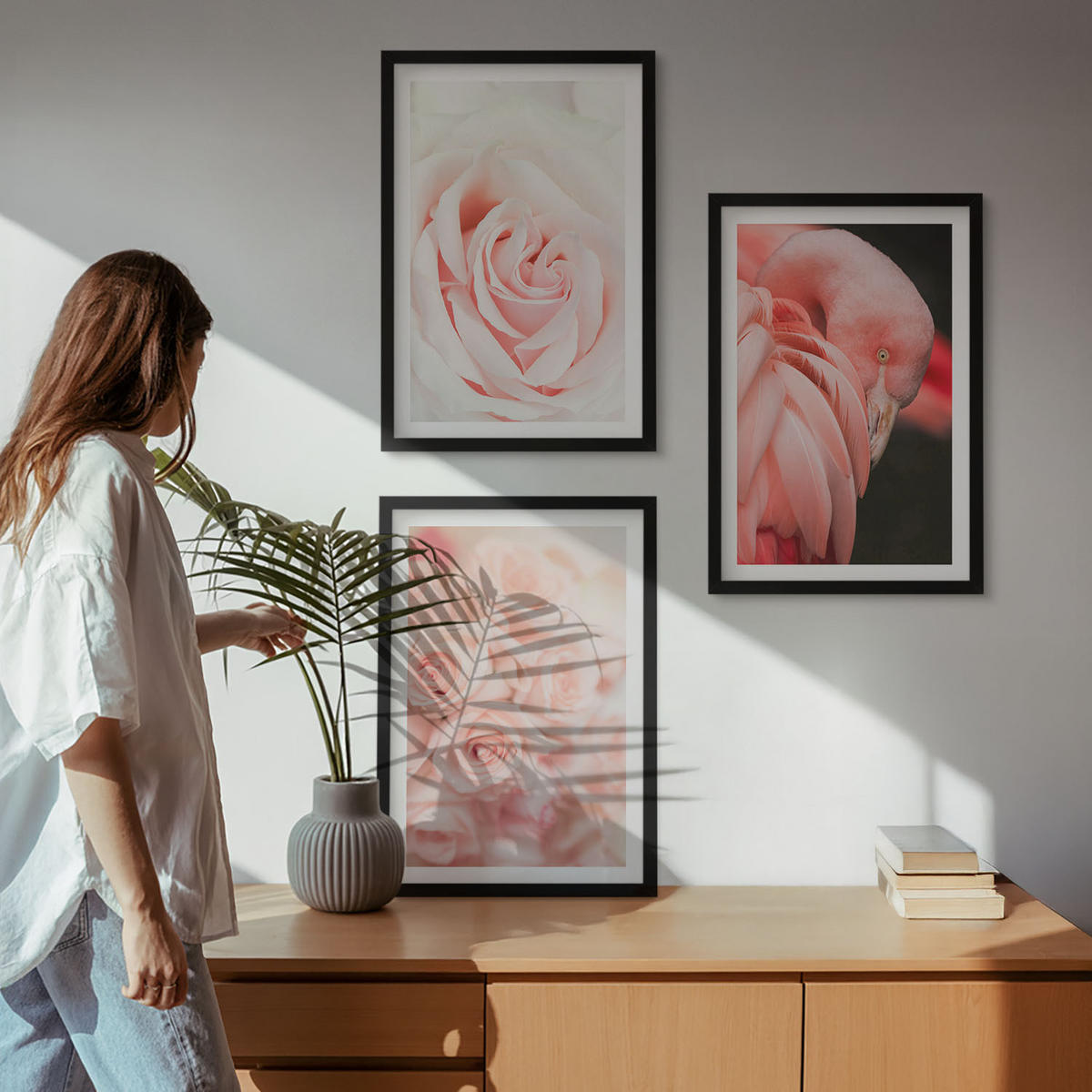 WANDBILDER 3er-Set - 40x60 cm Schwarzer Rahmen - Zartrosa Flamingos - Schwarz, Kunststoff (40/60cm) - ArtPrintCave