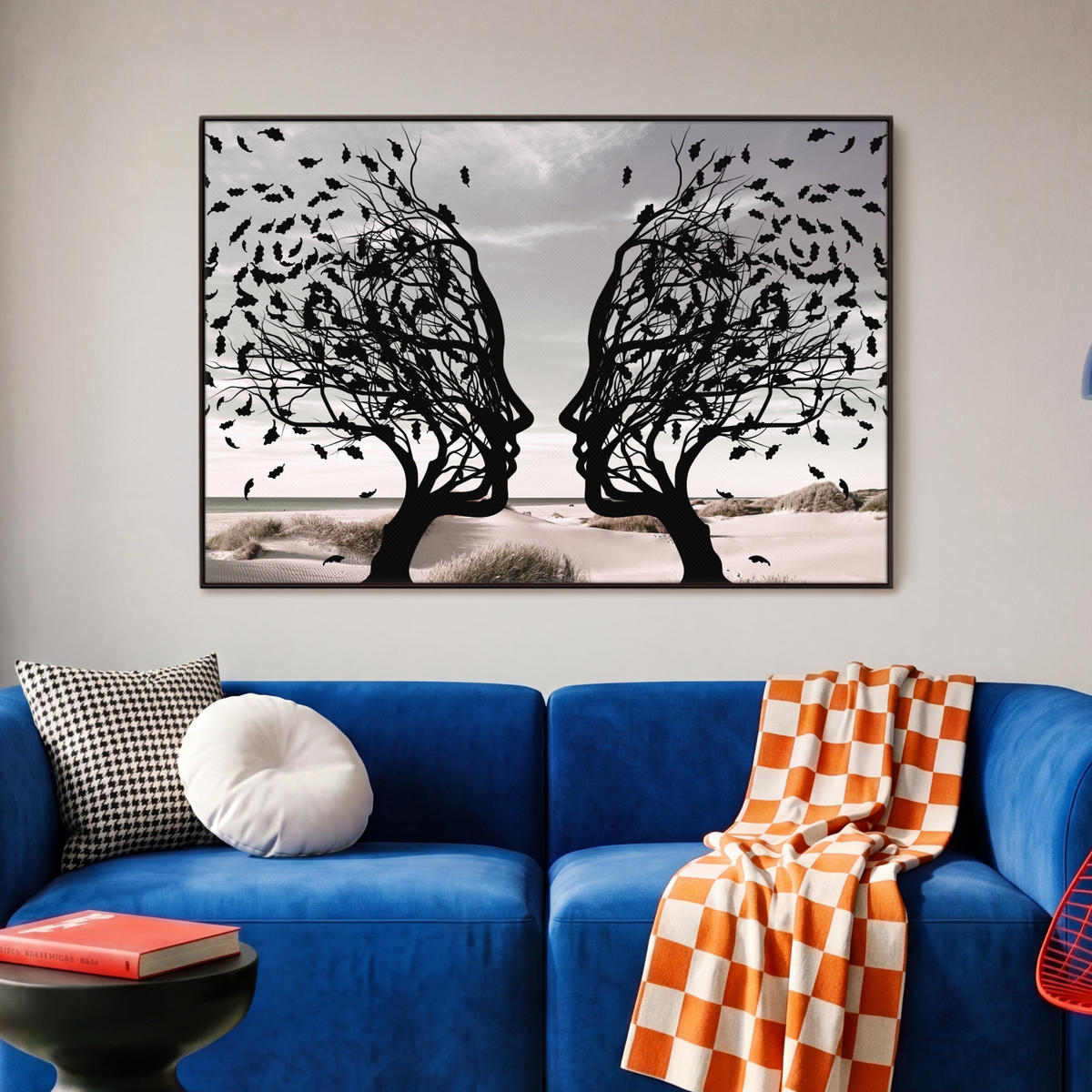 LEINWAND Bilder mit Rahmen - Strand - Meer - Menschen - Baum - Moderne Kunst - 90x60 - Hellgrau, Textil (90/60cm) - MuchoWow