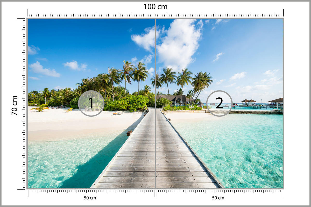 FOTOTAPETE für Schlafzimmer Tropeninsel Steg Palmen Pflanzenl 100x70 - Blau/Beige, Papier (100/70cm) - Muralo