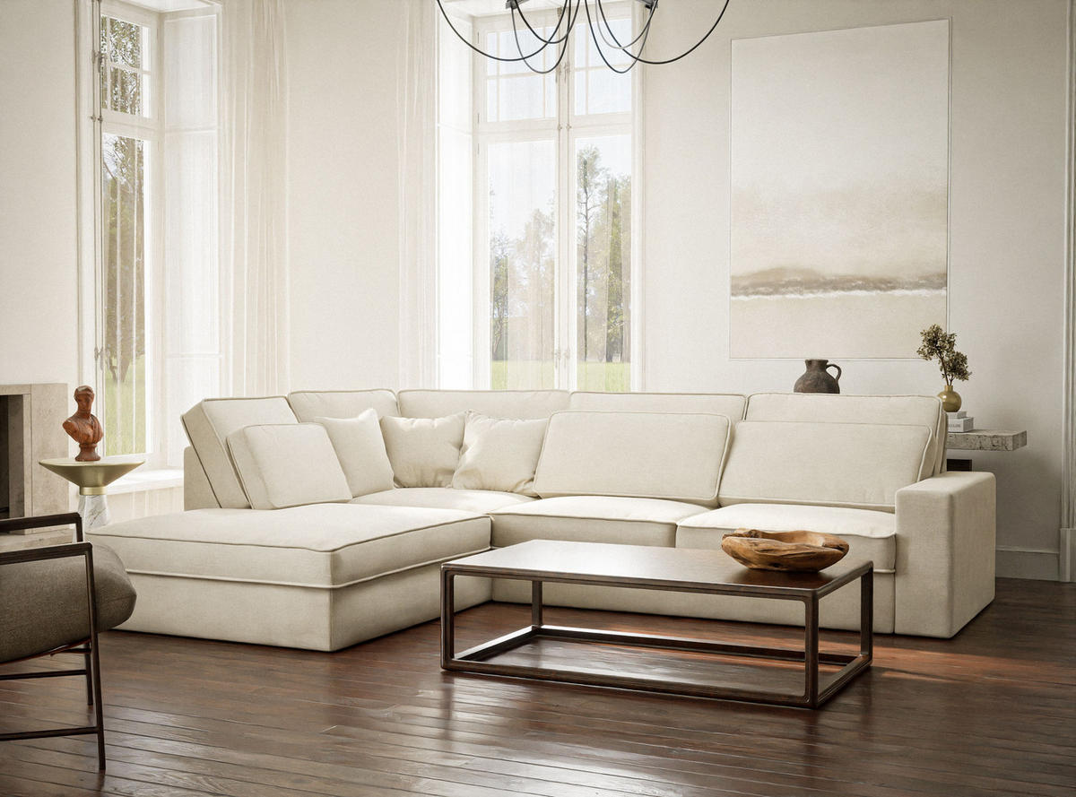 ECKSOFA Kirou Creme Chenille-Stoff - Links Seite - Creme/Schwarz, Holz/Holzwerkstoff (225/311cm) - Maison de Reve