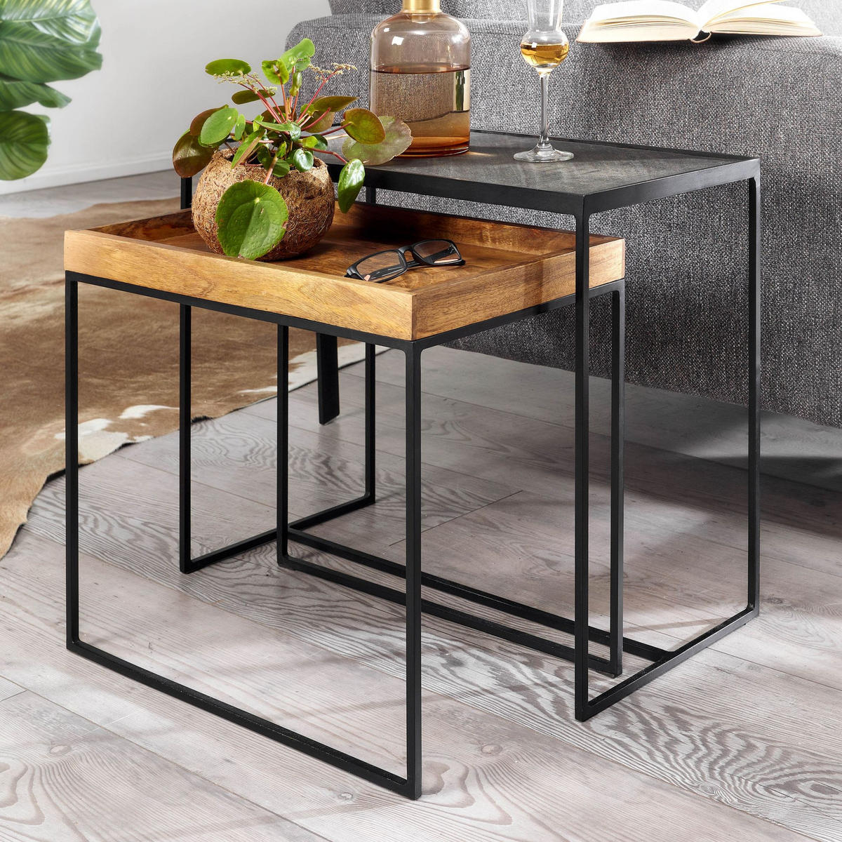 COUCHTISCH eckig 2er-Set FERRIS Holz - Schwarz, Stein (60/30/50cm) - tinkaro
