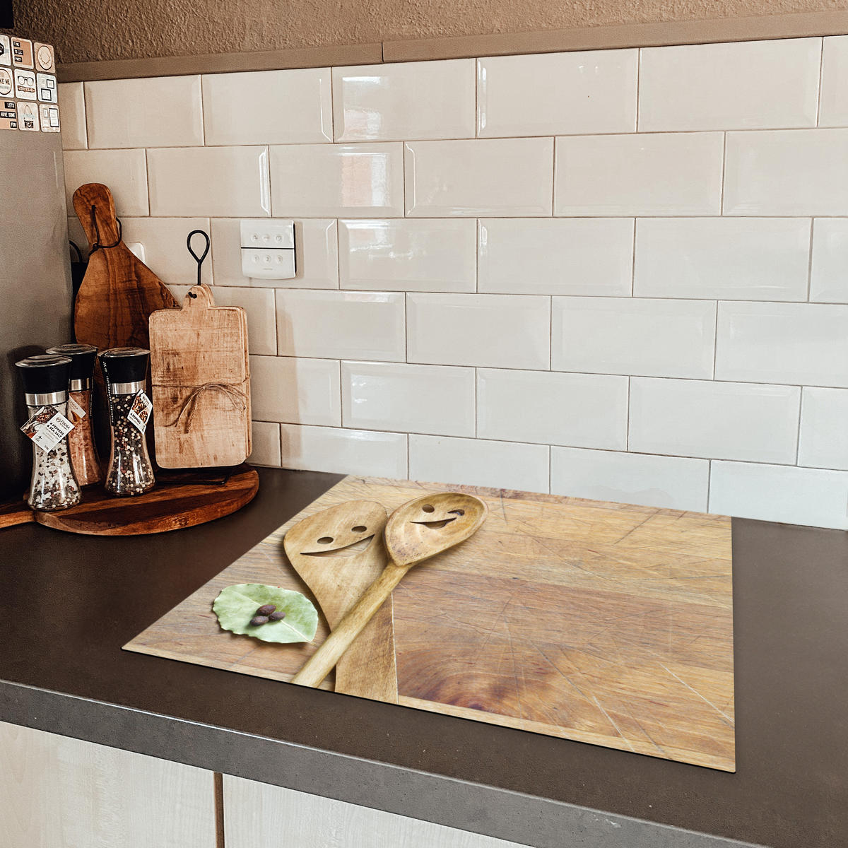 HERDABDECKPLATTE Holz - Löffel - Braun - Smiley Abdeckung Ceranfeld 59x51 cm - Hellbraun, Kunststoff (59/51/0.2cm) - MuchoWow