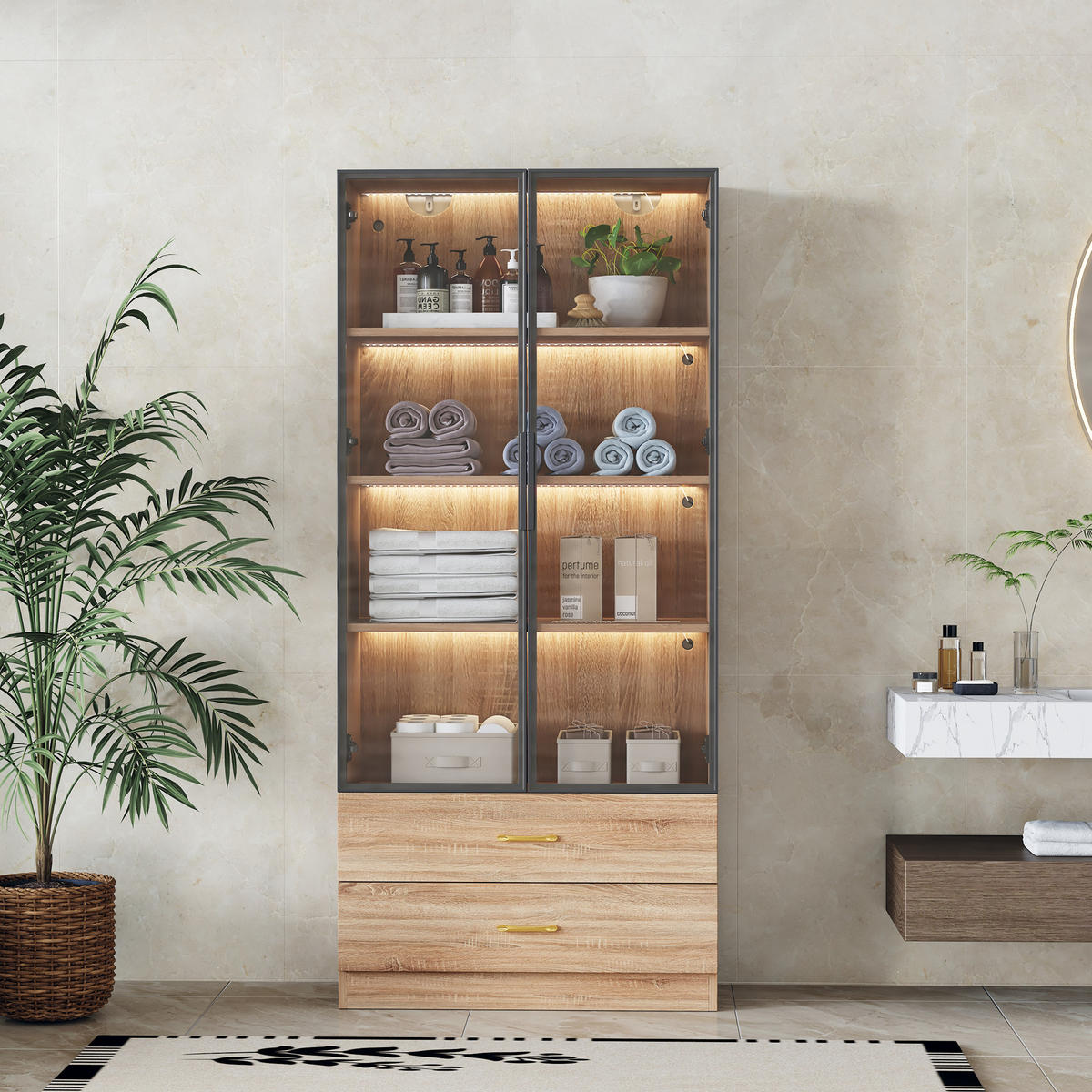 BADSCHRANK in Braun Highboard mit LED-Lichtleiste Glastür 2 große Schubladen 2 Türen , B75/T34.5/H170cm - Braun, Glas/Holzwerkstoff (75/170/34.5cm) - STILVORA