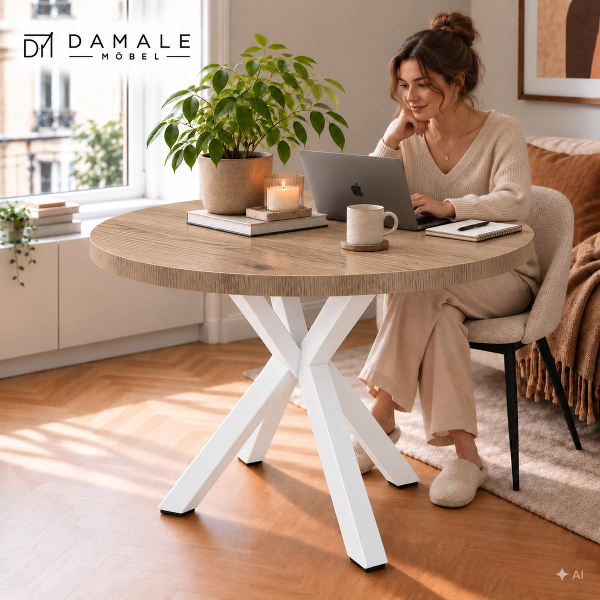 ESSTISCH rund ausziehbar 100-200/100/76 cm, Halifax Egger, 54 cm Tischplatte + Metall weiß - Eichefarben/Graubraun, Holzwerkstoff/Metall (100/200/76cm) - Damale Möbel