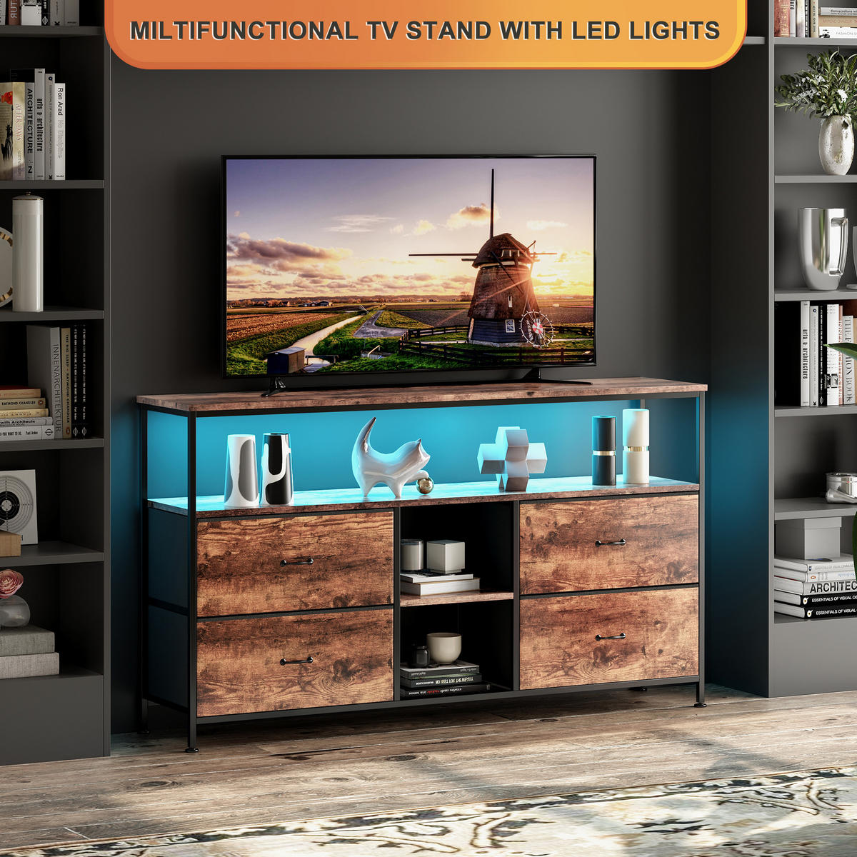TV-SCHRANK 108 cm, LED, Holzoptik Tiger, 4 Stoffschubladen Vintage, Metallrahmen, höhenverstellbare Füße, Retro-modern - Nussbaumfarben, Holz (108/76.8/29.8cm) - EuroLiving
