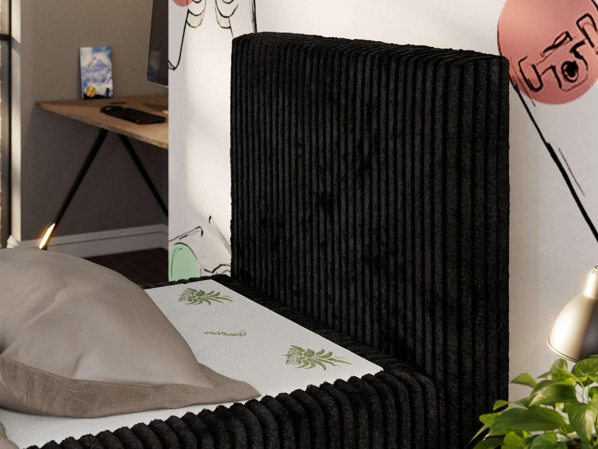 JUGENDBETT TILIO DUO 90/200 - Schwarz Cord - H4 - Rechts Seite - Schwarz, Textil (90/200cm) - MKS