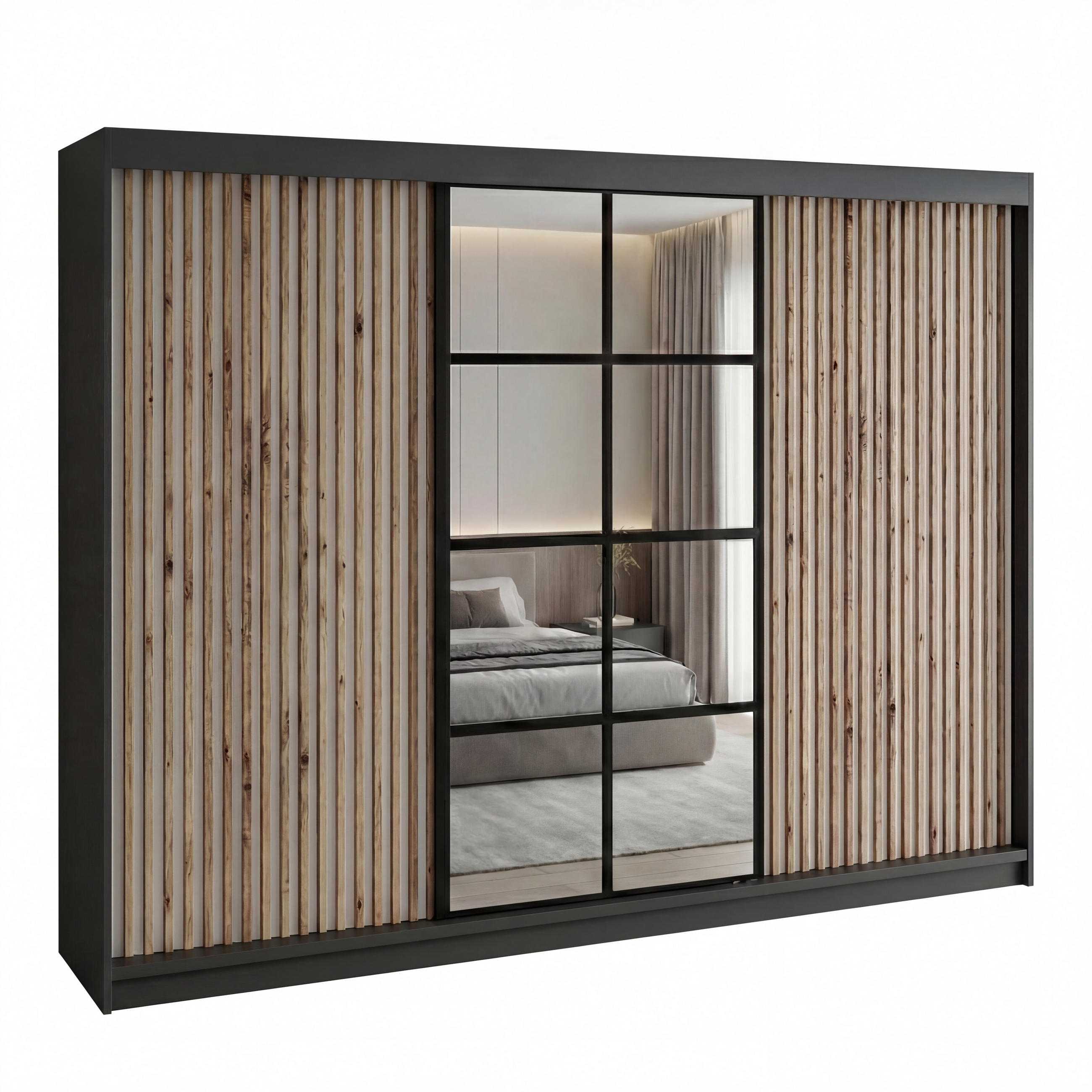 SCHWEBETÜRENSCHRANK NORIVO-Schwarz, Weiß-Lamelle, Schwarz-Spiegel, Weiß-Lamelle 200 cm - Schwarz/Weiß, Holzwerkstoff (200/215/59.5cm) - A&J MöbelLand