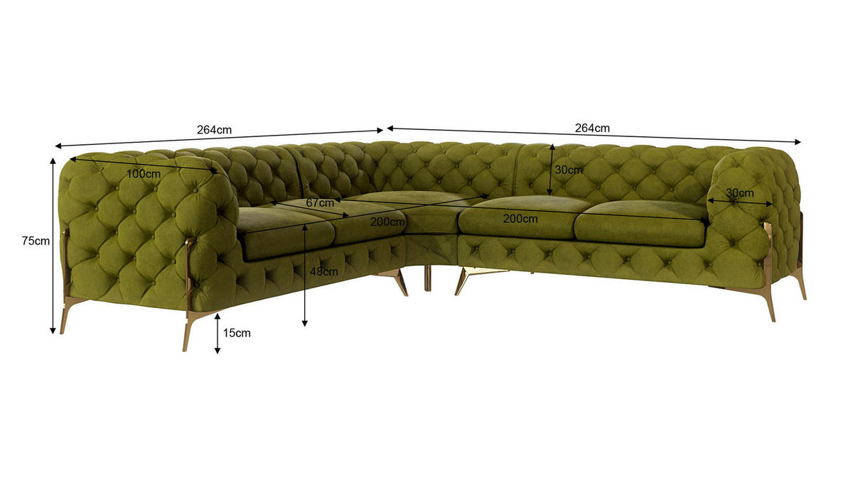 ECKSOFA Chesterfield Lexi Olive Samt - Goldfarben/Olivgrün, Holz/Textil (264/264cm) - S-Style Möbel