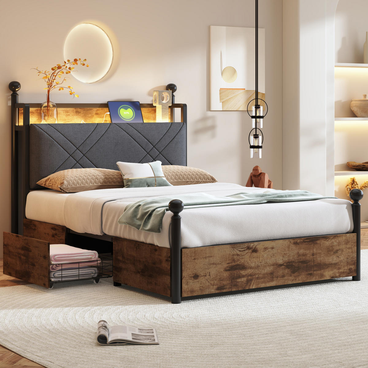 KOVOVÁ postel 90/190 cm s odnímatelným baldachýnem, LED osvětlením, USB a USB-C porty a úložným prostorem, Černá - černá, kov (90/190cm) - Redom