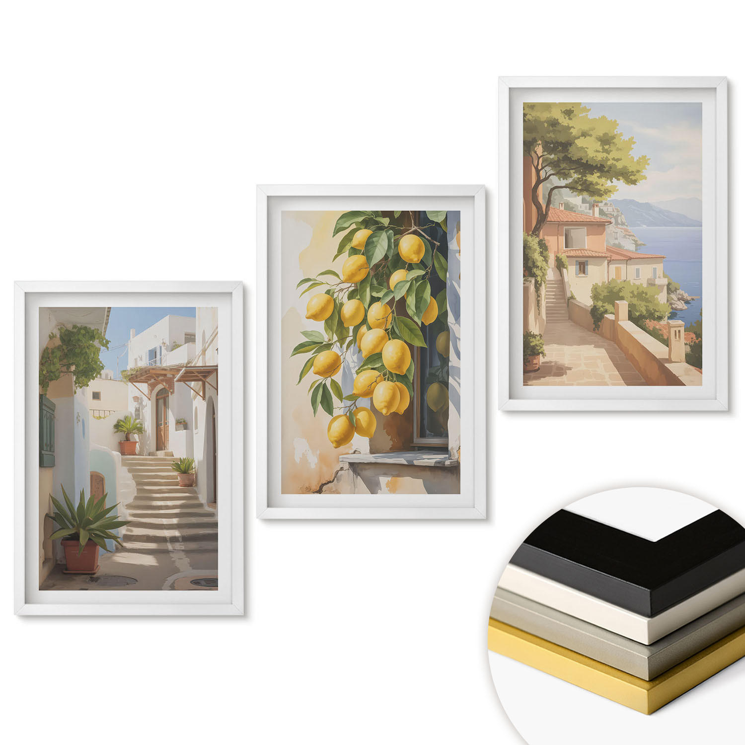 WANDBILDER 3er-Set - 40x60 cm Weißer Rahmen - Lemon Streets Meerblick - Weiß, Kunststoff (40/60cm) - ArtPrintCave
