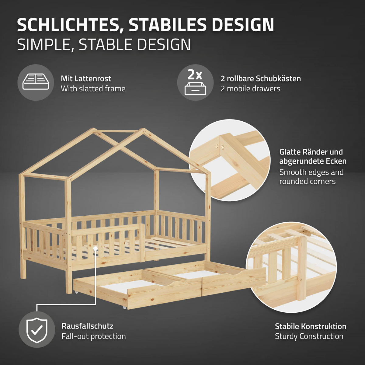 HAUSBETT 80x160 cm Natur aus Kiefernholz mit 2 Schubladen und Rausfallschutz - Beige, Holz (80/160cm) - ML-DESIGN