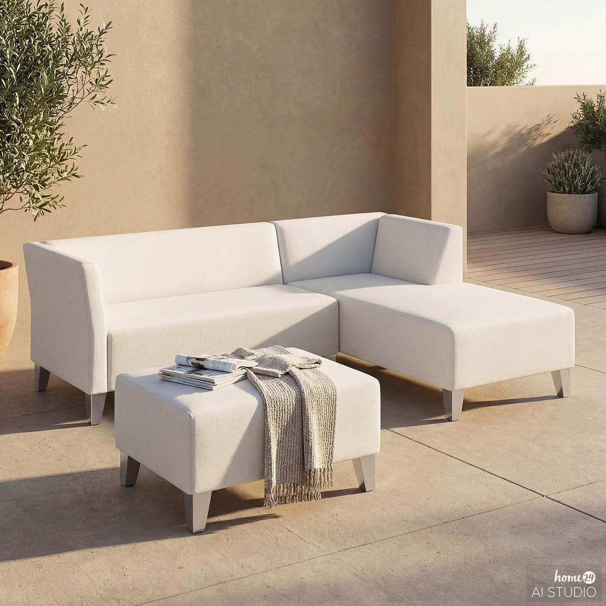 OUTDOOR-ECKSOFA mit Hocker - Creme - Creme, Textil/Metall - home24