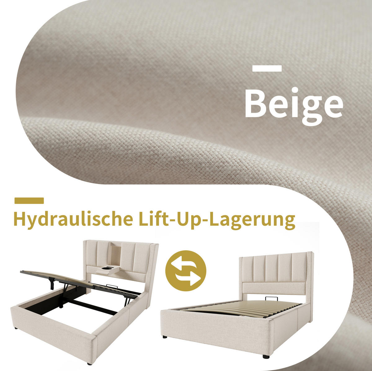 POLSTERBETT 90/200 cm mit Ladestation, verstecktem Becherhalter und hydraulischem Stauraum, Leinen Beige - Grau, Textil (90/200cm) - Redom