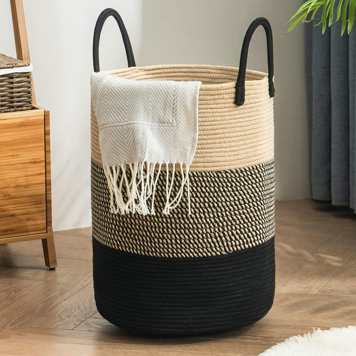 WÄSCHEKORB geflochten Baumwolle Z-Braun Schwarz 38 cm(D)x50 cm(H) - Multicolor, Textil (38/50/38cm)