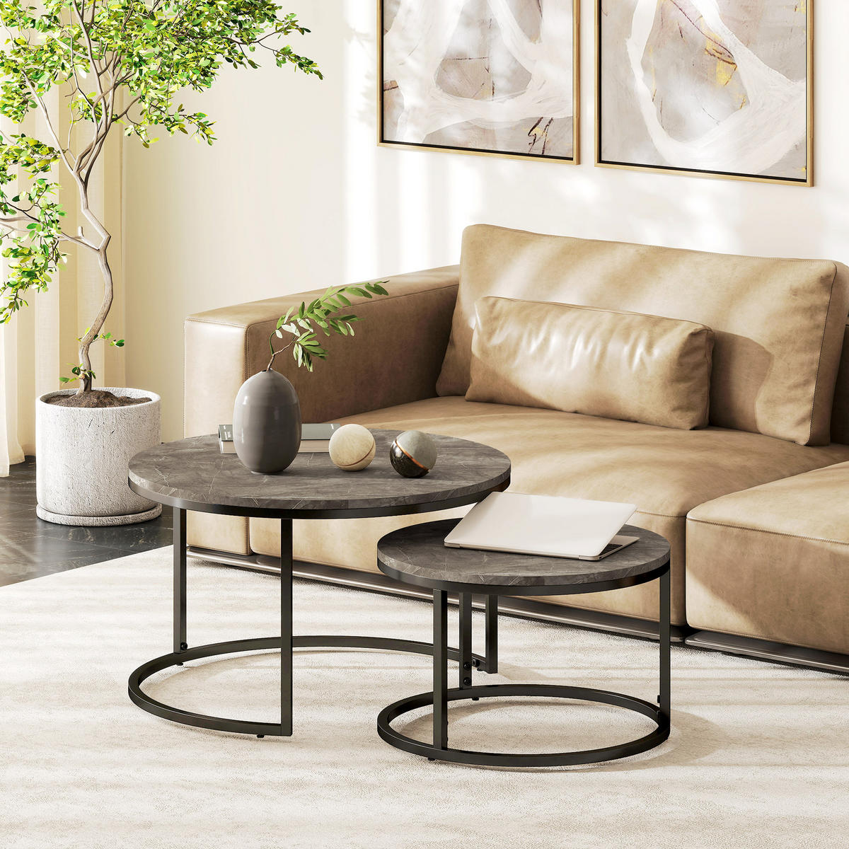 COUCHTISCH rund 2er Set Satztisch mit Metallrahmen, Marmoroptik Grau - Dunkelgrau/Schwarz, Holzwerkstoff/Metall (78.5/78.5/46.5cm) - HOMCOM