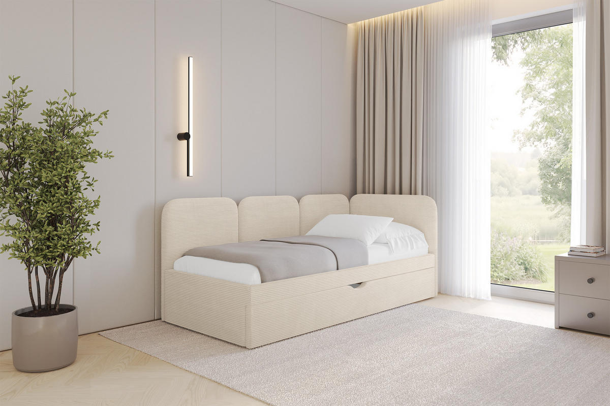 EINZELLBETT Jugendbett mit Bettkasten, Links - ALVY 100x200 Beige - Creme, Holzwerkstoff/Textil (100/200cm) - ALTDECOR