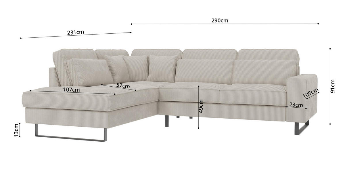 ECKSOFA Floe Beige Cord - Beige/Schwarz, Holz/Kunststoff (290/231cm) - S-Style Möbel