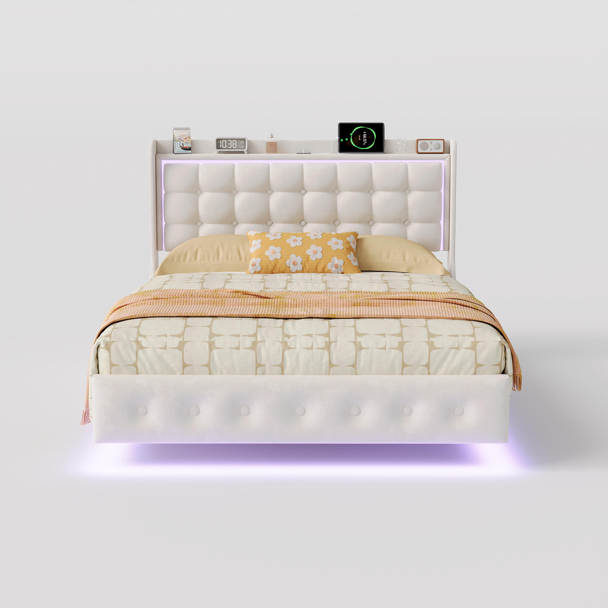 POLSTERBETT 140/200 cm Weiß mit LED, USB Type-C, Stauraumkopfteil, Lattenrost und Polsterkopfteil - Weiß, Holz/Metall (140/200cm) - Joyfair