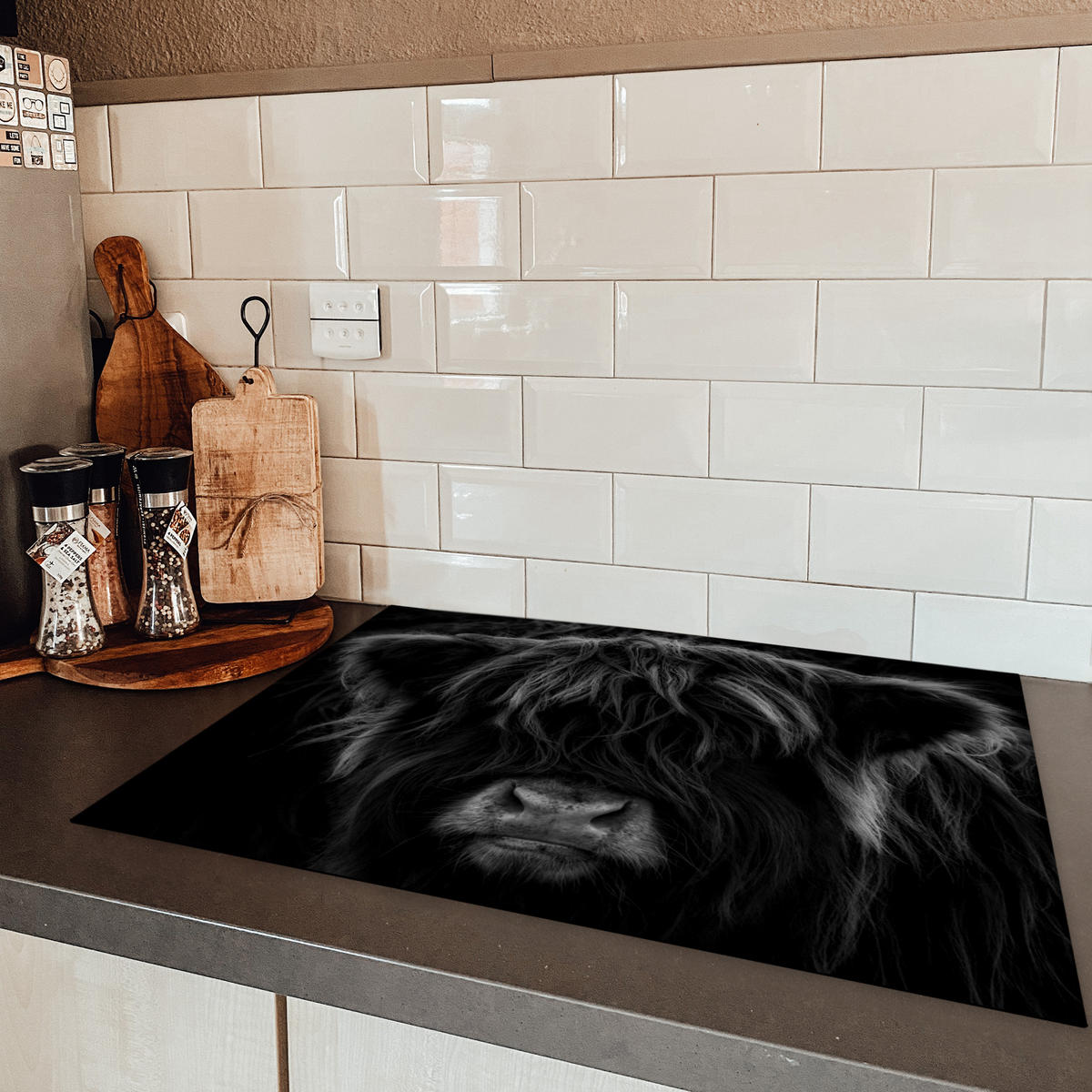 HERDABDECKPLATTE Schottischer Highlander - Kuh - Schwarz - Weiß - Tiere Herdabdeckung Induktionsfeld 75x52 cm - Schwarz, Kunststoff (75/52/0.2cm) - MuchoWow